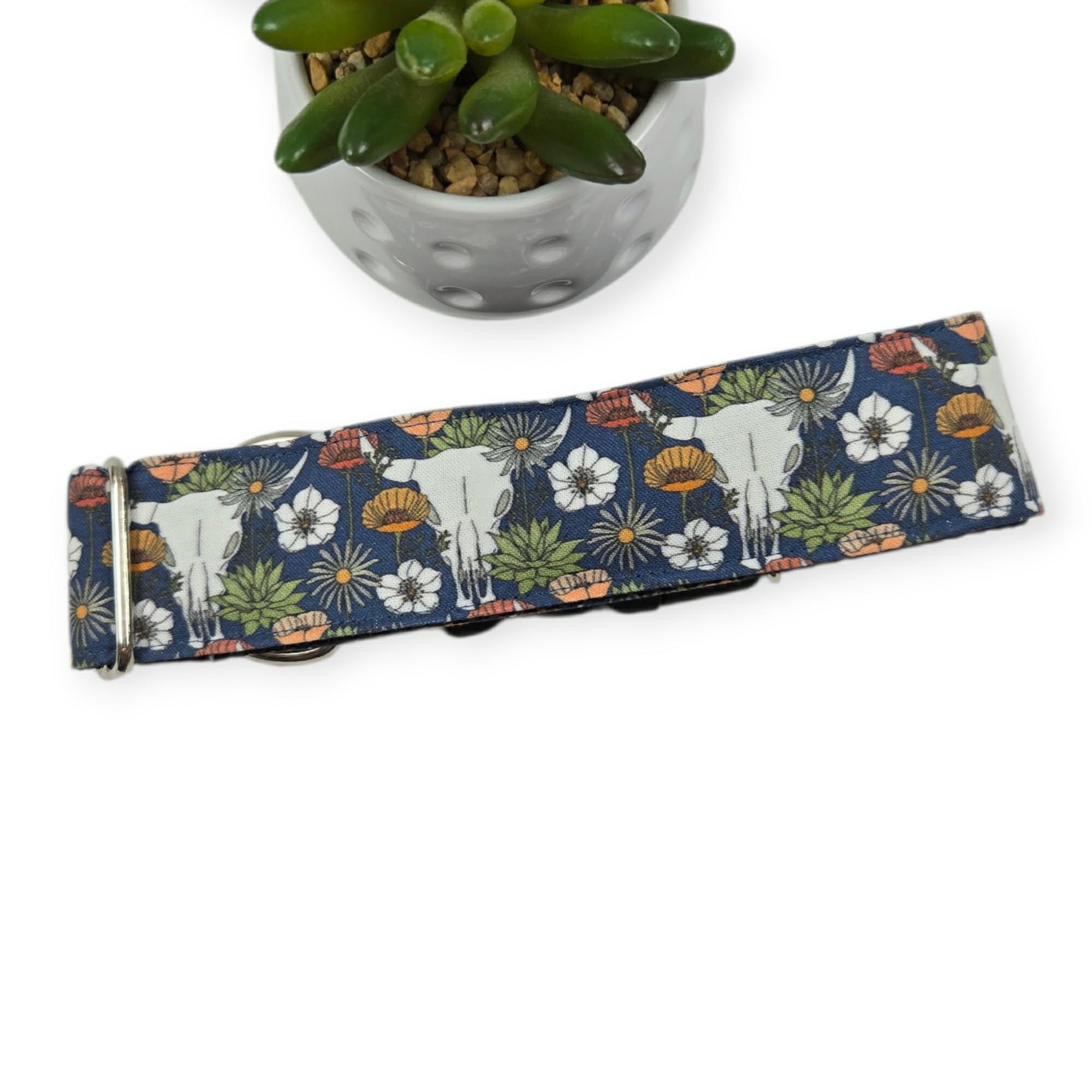 Desert Bloom Cow Skull Dog Collar (Large, 1.5" wide)