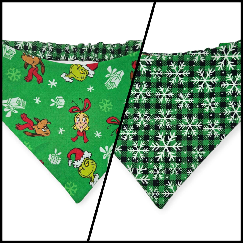 Green Grouchy/Buffalo Plaid Snowflakes Reversible Slip-on Scrunchie Bandana (Large)
