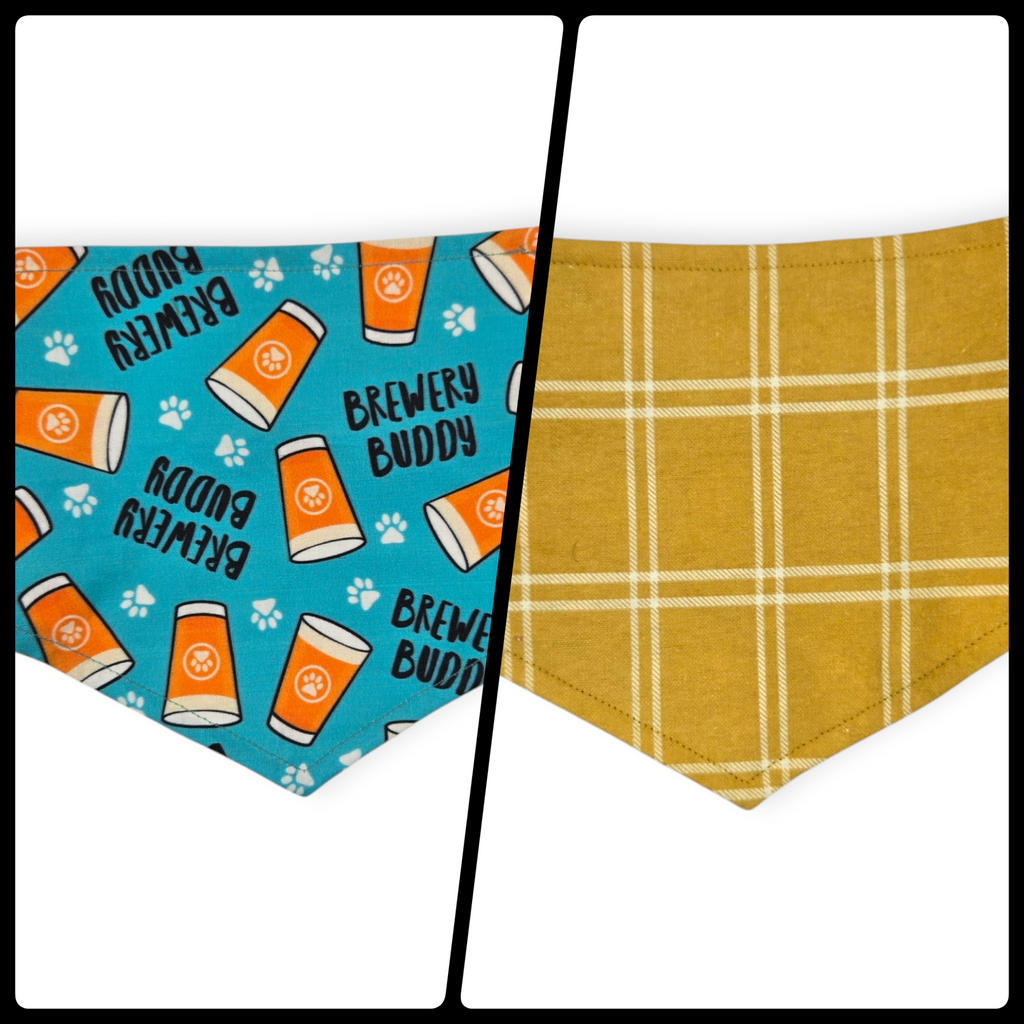 Brewery Buddy (Aqua)/Mustard Plaid Reversible Tie-on Bandana (Small)