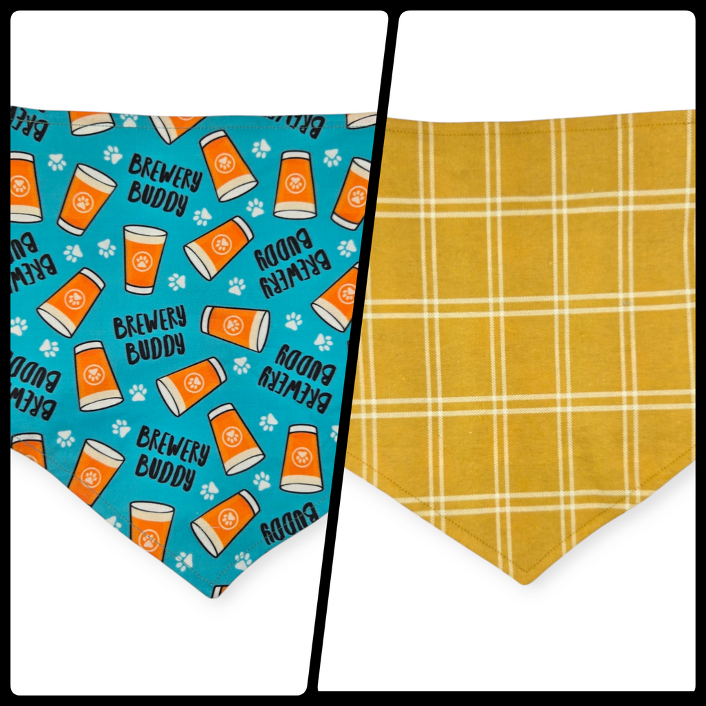Brewery Buddy (Aqua)/Mustard Plaid Reversible Tie-on Bandana (Large)