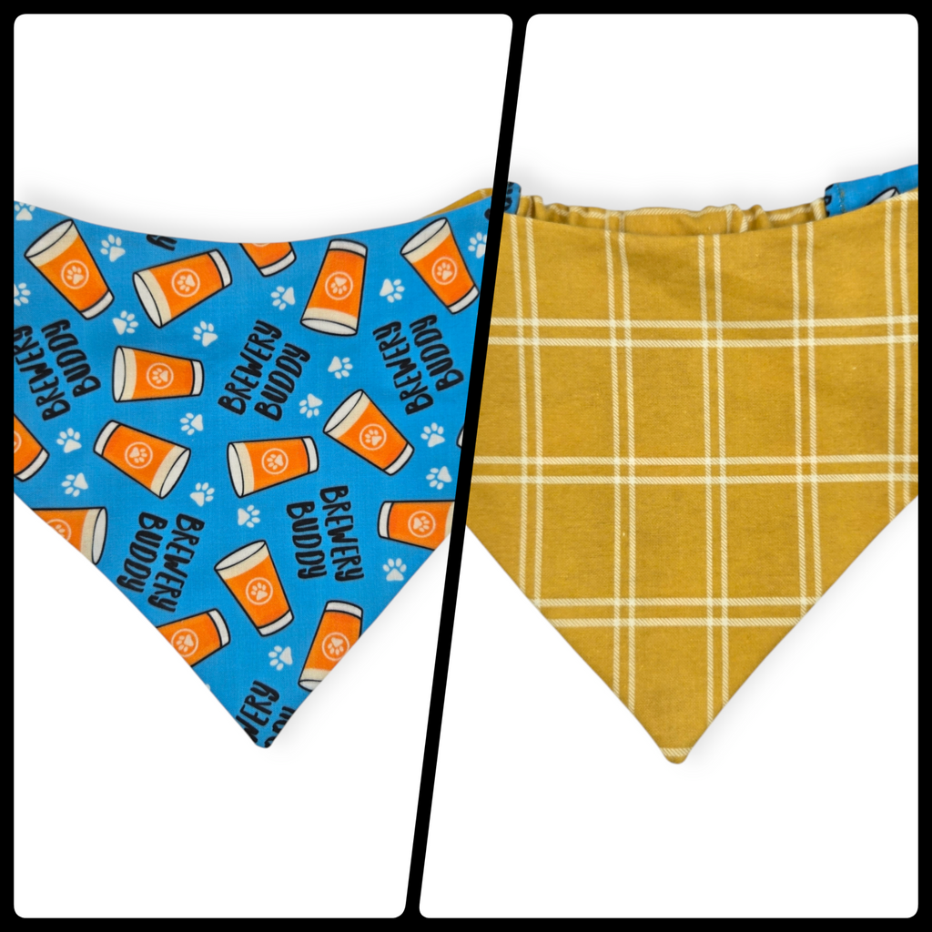 Brewery Buddy (Blue)/Mustard Plaid Slip-on Scrunchie Bandana (Medium)