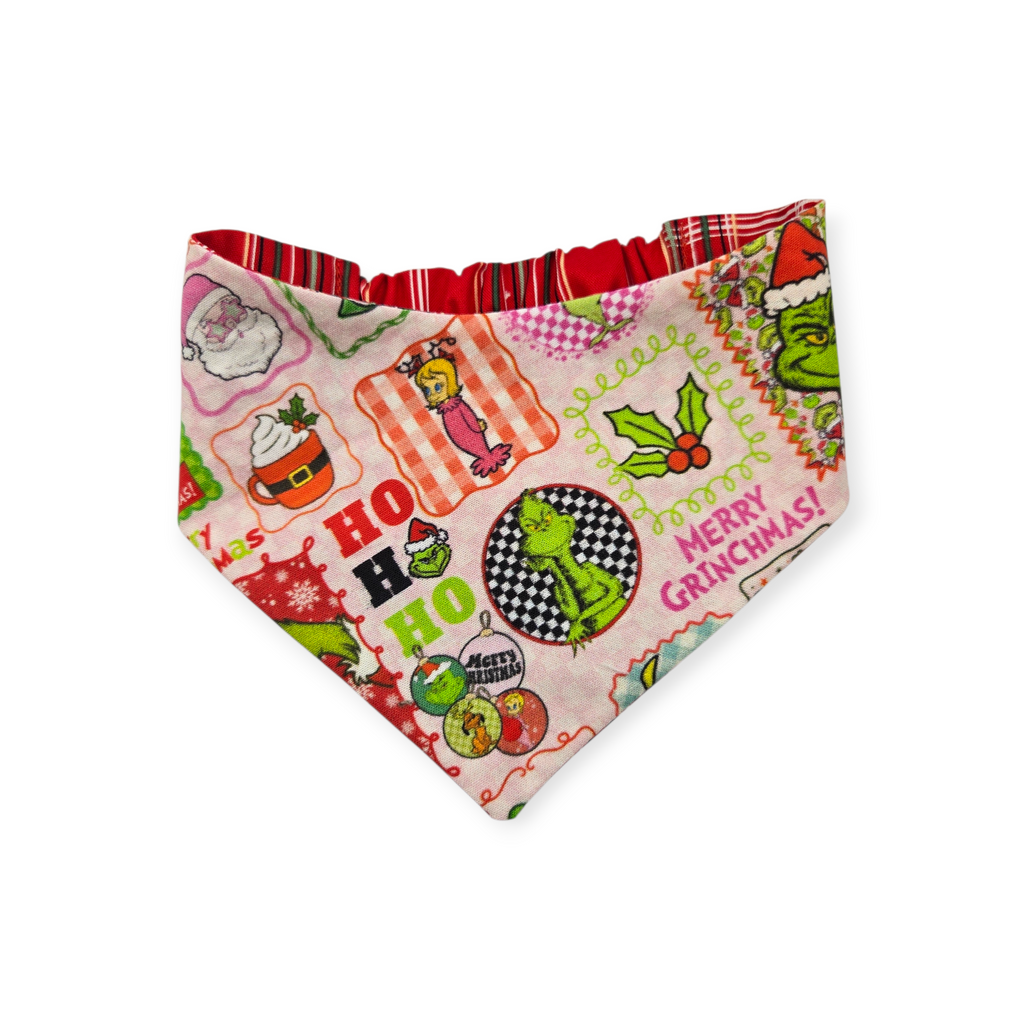Pink Checkered Grouch/Red Tartan Reversible Slip-on Scrunchie Bandana (Small/Medium)