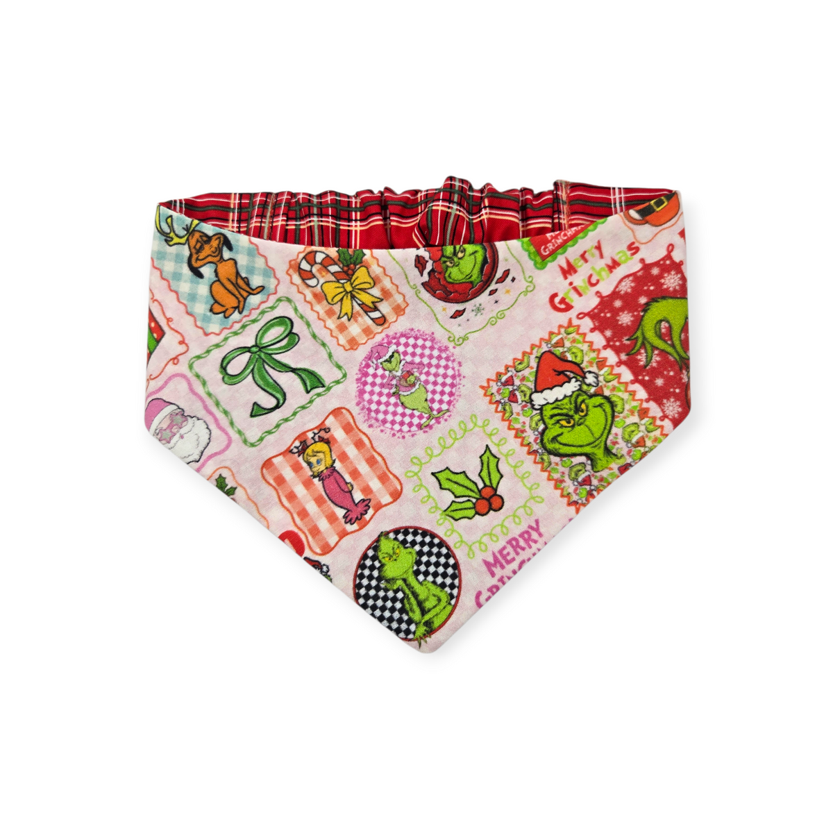 Pink Checkered Grouch/Red Tartan Reversible Slip-on Scrunchie Bandana (Large/X-Large)