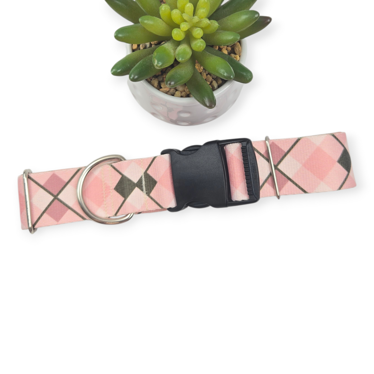 Pink and Brown Argyle Dog Collar (X-Large, 1.5" wide)