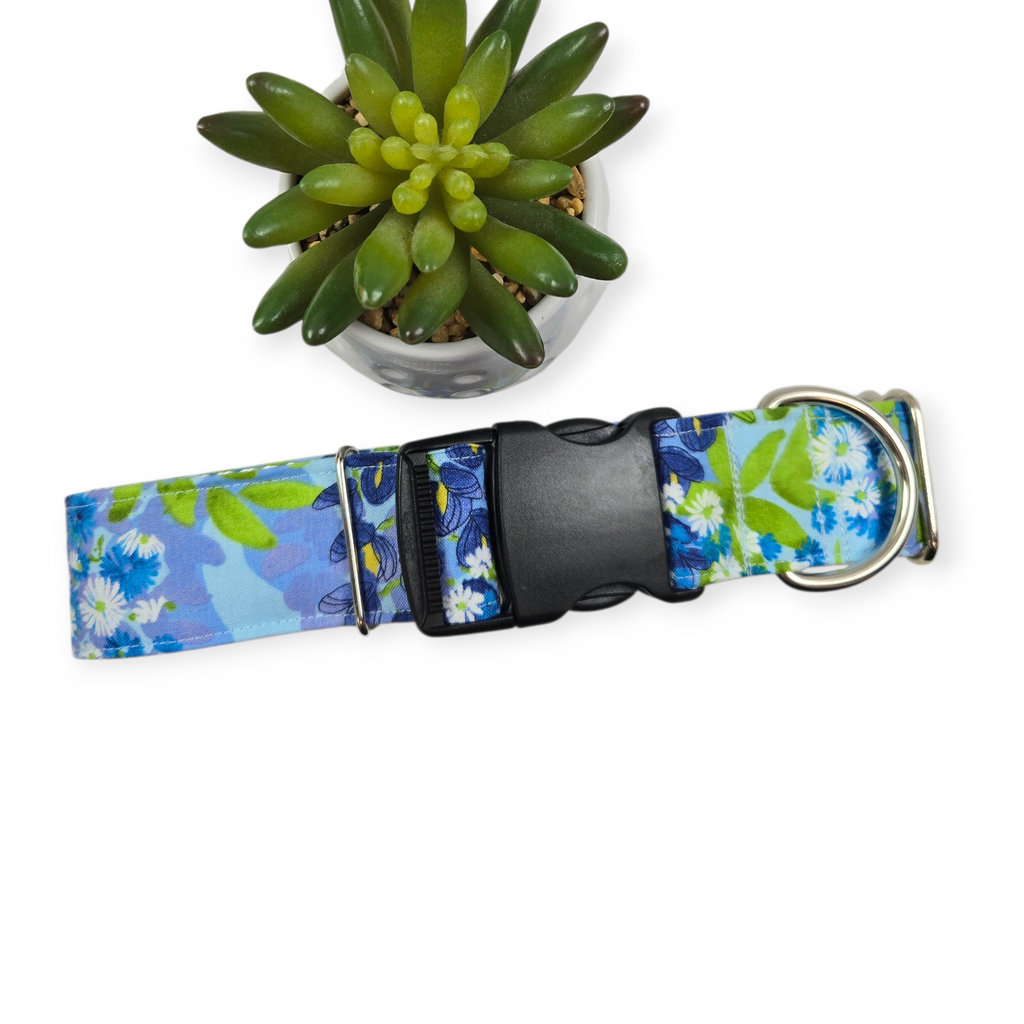 Wild Blossoms on Blue Dog Collar (X-Large, 1.5" wide)