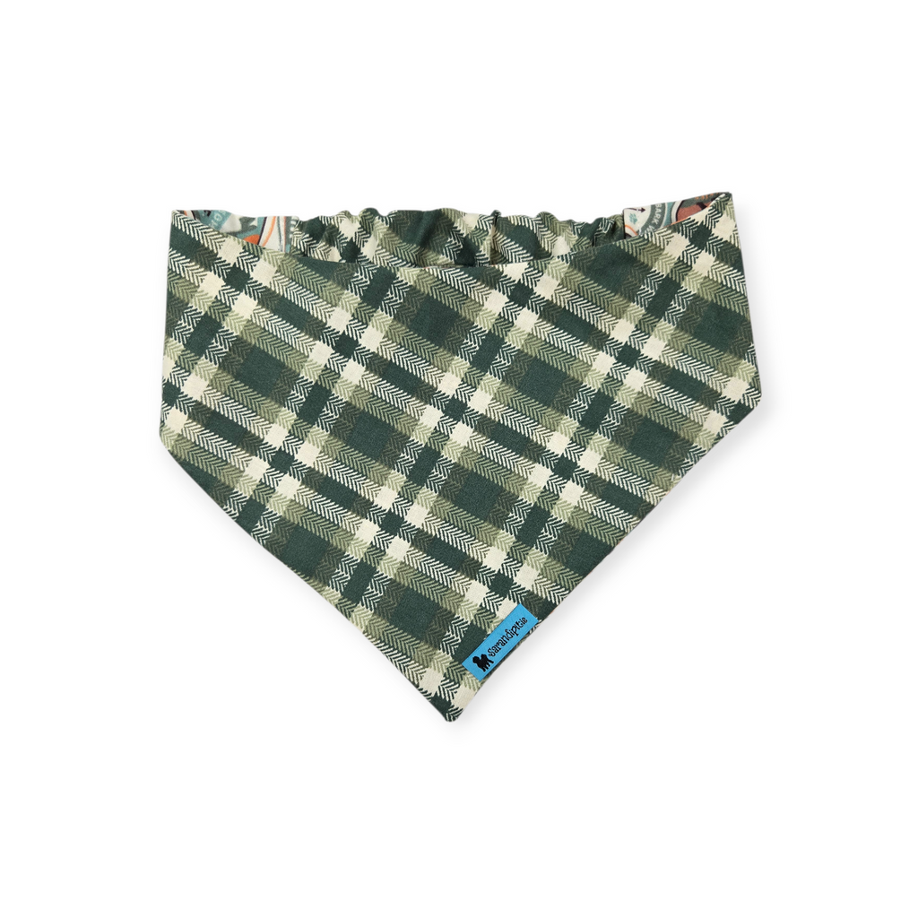 Dog Camping Adventures/Green Plaid Reversible Slip-on Scrunchie Bandana (X-Large)
