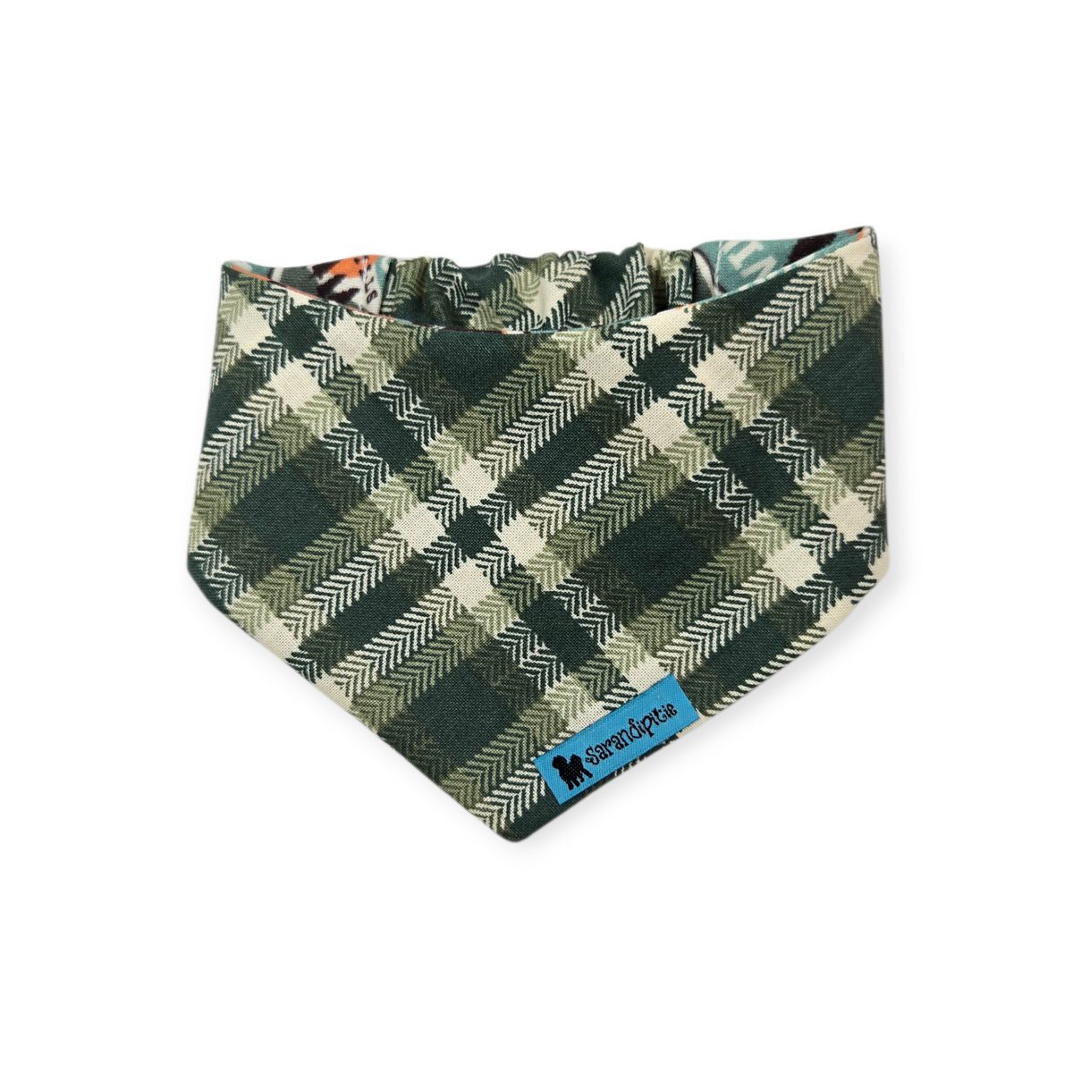 Dog Camping Adventures/Green Plaid Slip-on Scrunchie Bandana (X-Small)