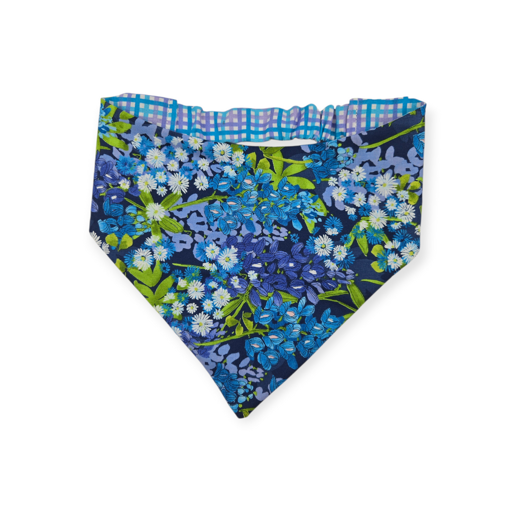 Wild Blossoms on Navy/ Purple & Blue Plaid Reversible Slip-on Scrunchie Bandana (Large)