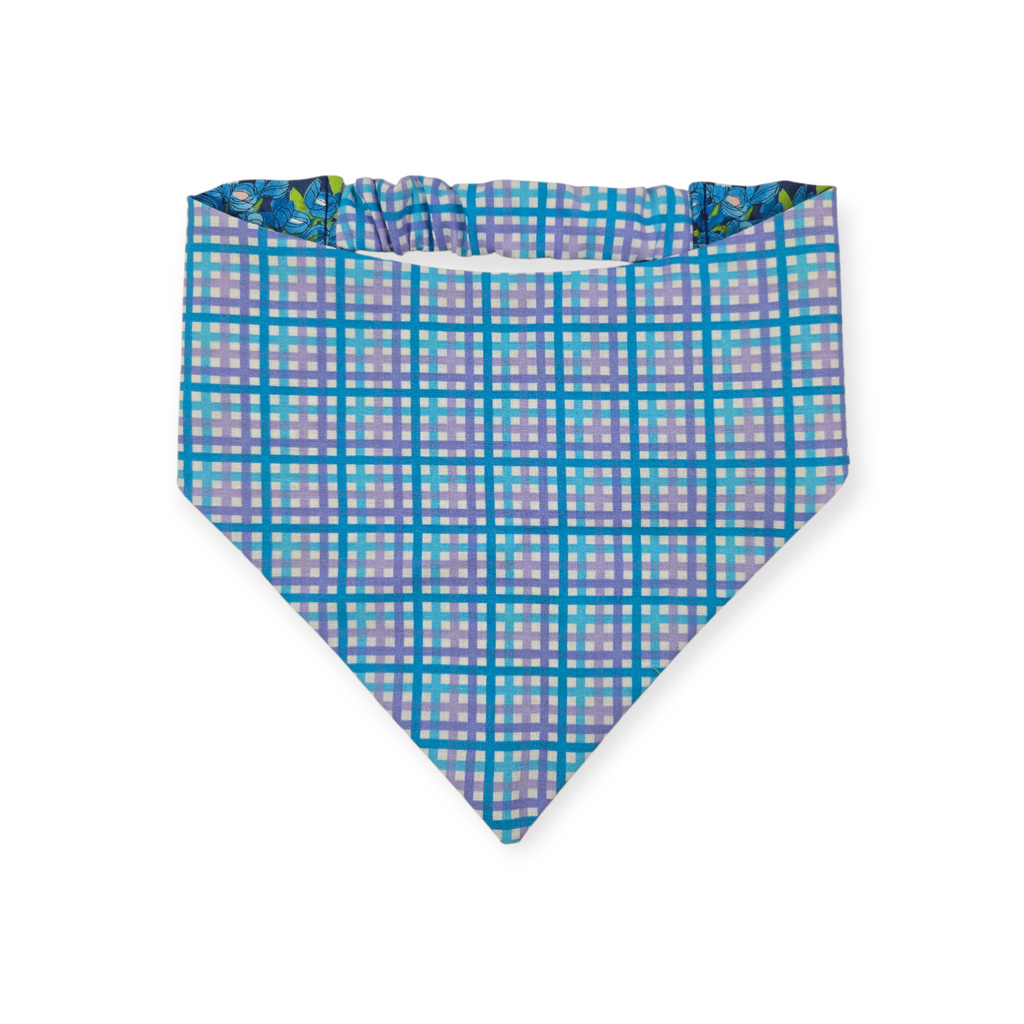 Wild Blossoms on Navy/ Purple & Blue Plaid Reversible Slip-on Scrunchie Bandana (Large/X-Large)