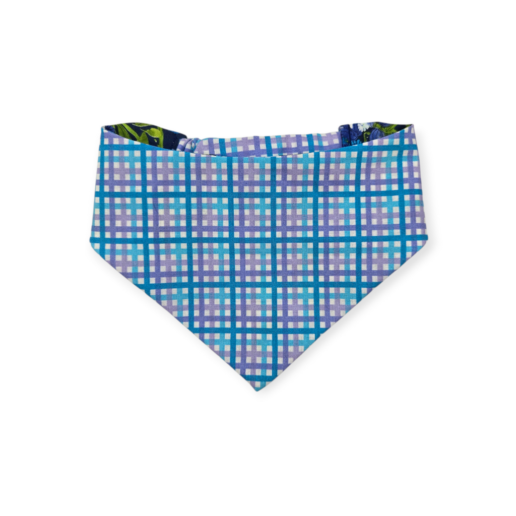 Wild Blossoms on Navy/ Purple & Blue Plaid Reversible Slip-on Scrunchie Bandana (Medium)