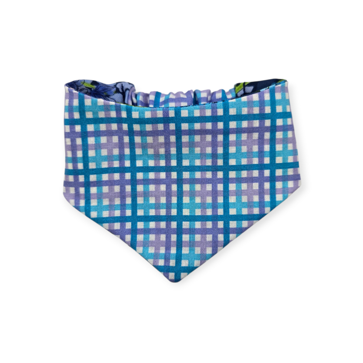 Wild Blossoms on Navy/ Purple & Blue Plaid Reversible Slip-on Scrunchie Bandana (Small)