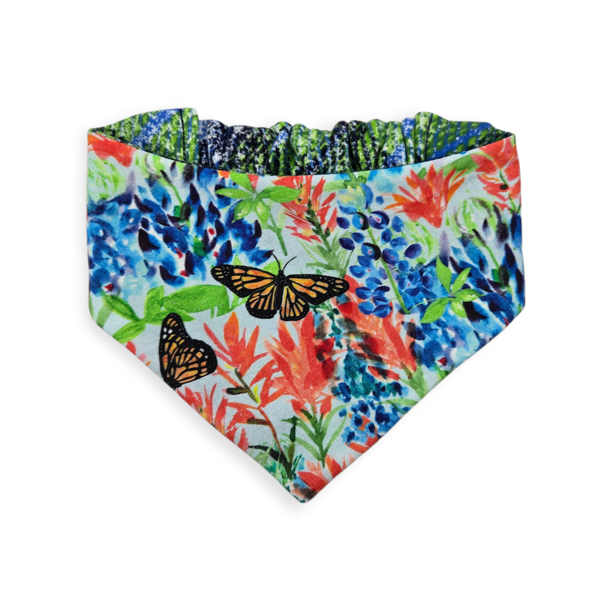 Indian Paintbrush & Bluebonnet/Green Distressed Plaid Reversible Slip-on Scrunchie Bandana (Medium)