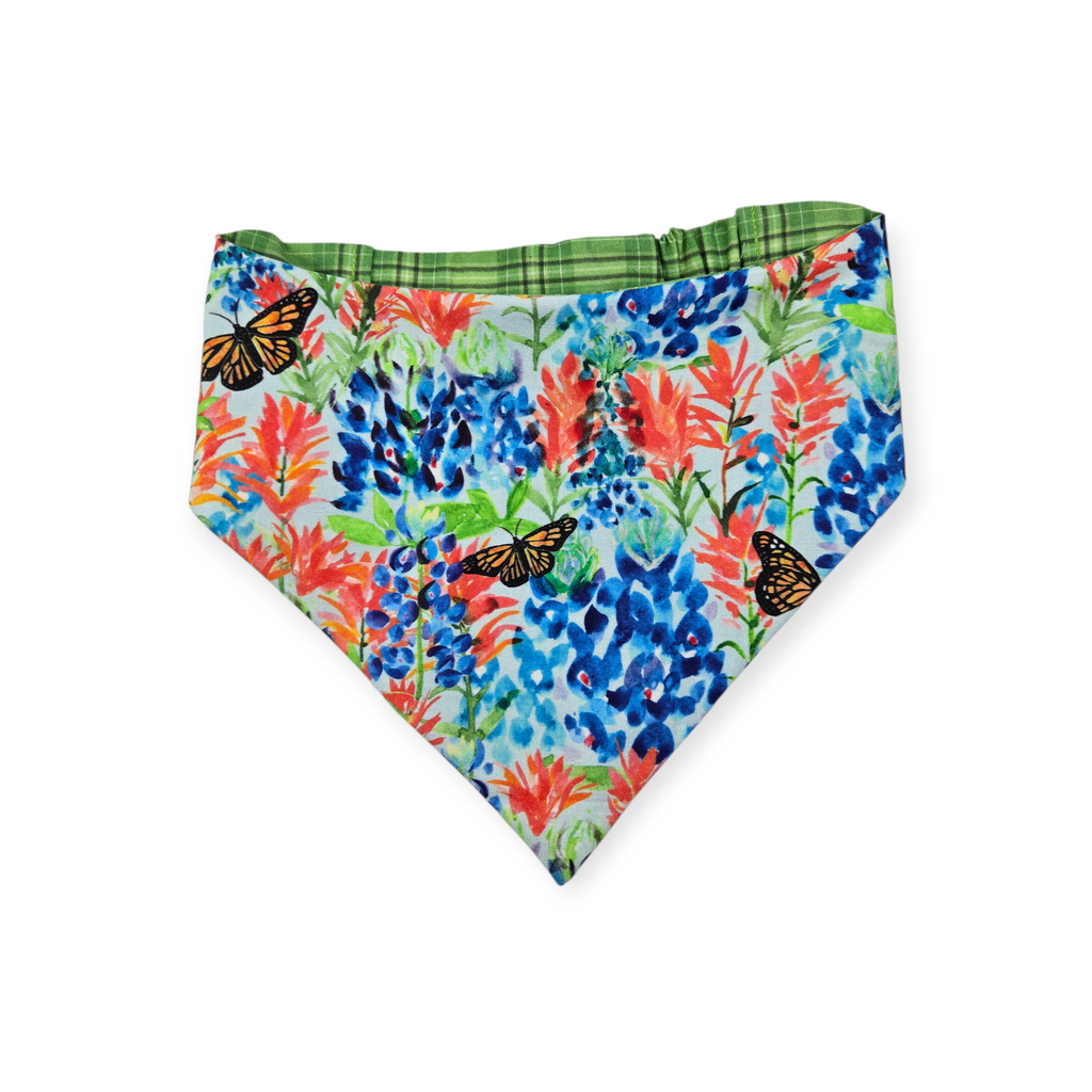 Indian Paintbrush & Bluebonnet/Green Plaid Reversible Slip-on Scrunchie Bandana (Large)