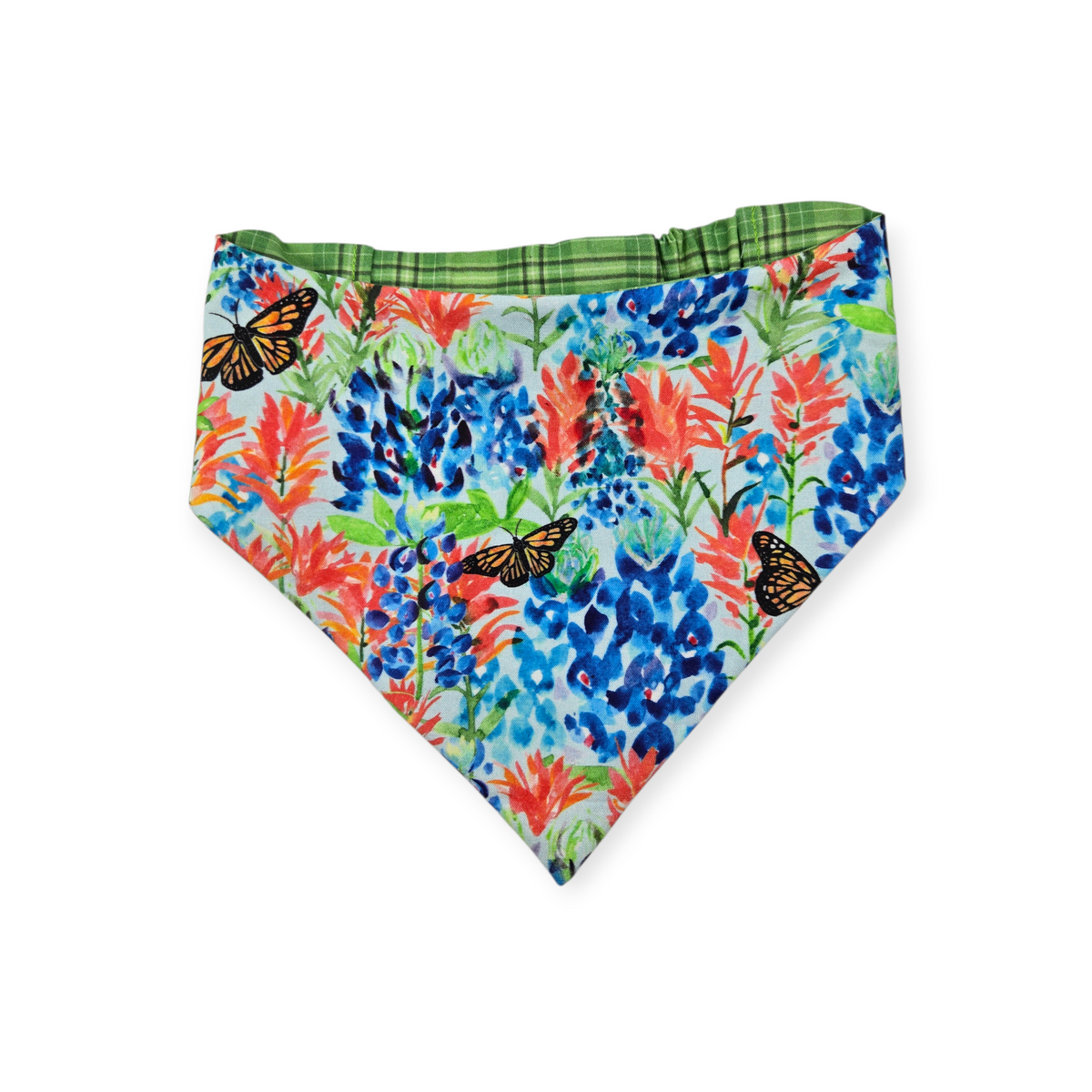Indian Paintbrush & Bluebonnet/Green Plaid Reversible Slip-on Scrunchie Bandana (Large/X-Large)
