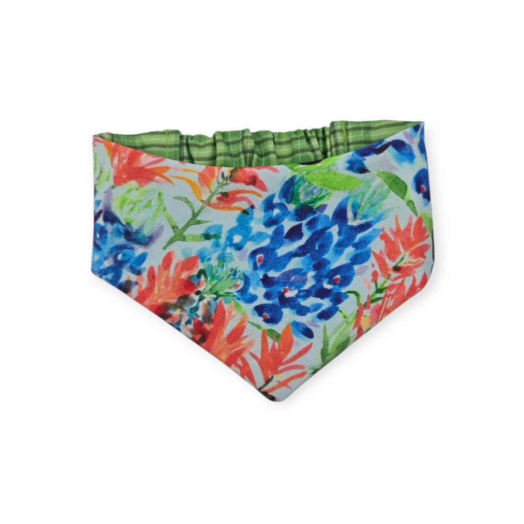 Indian Paintbrush & Bluebonnet/Green Plaid Reversible Slip-on Scrunchie Bandana (Small)