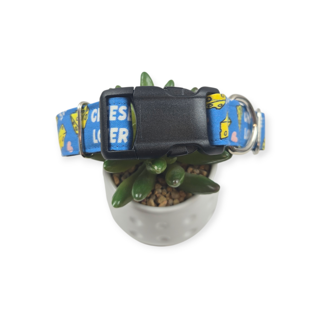 Cheese Lover on Blue Dog collar (Medium, 1" Wide)