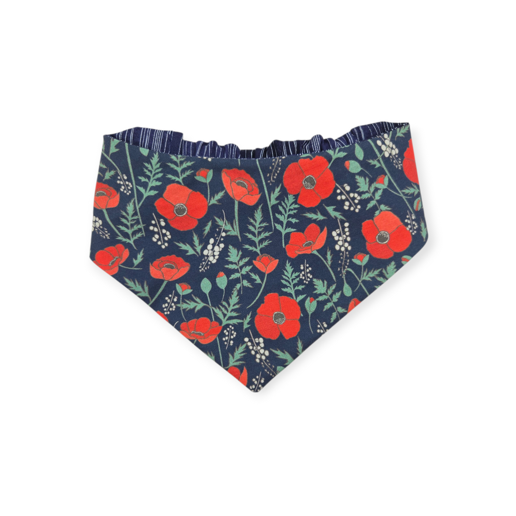 Red Poppies on Midnight Blue/Blue Pinstripe Reversible Slip-on Scrunchie Bandana (Medium)
