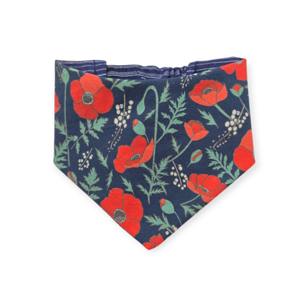 Red Poppies on Midnight Blue/Blue Pinstripe Reversible Slip-on Scrunchie Bandana (Small)