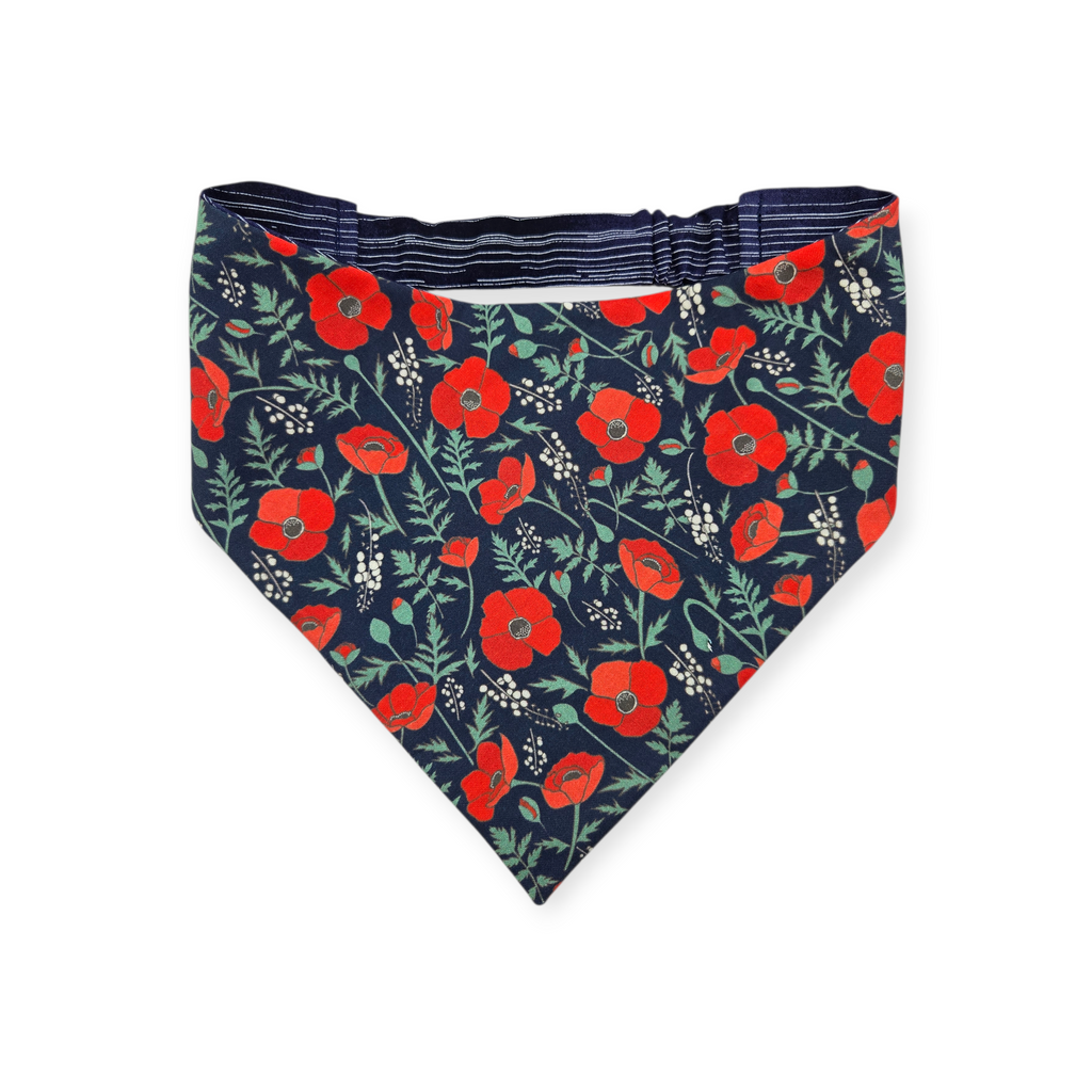 Red Poppies on Midnight Blue/Blue Pinstripe Reversible Slip-on Scrunchie Bandana (Large)