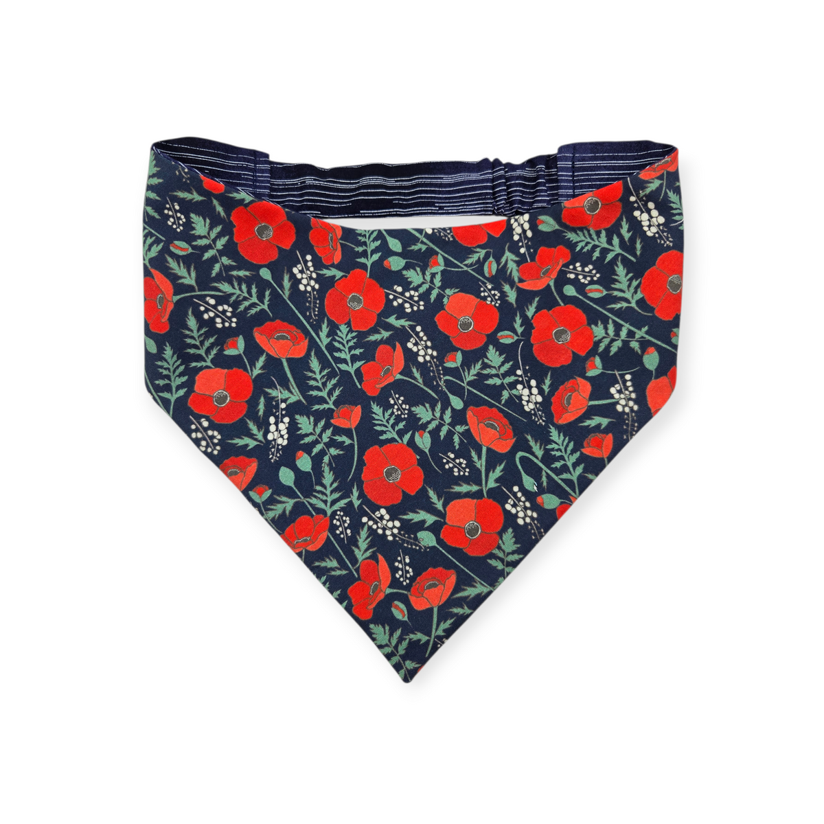 Red Poppies on Midnight Blue/Blue Pinstripe Reversible Slip-on Scrunchie Bandana (Large)