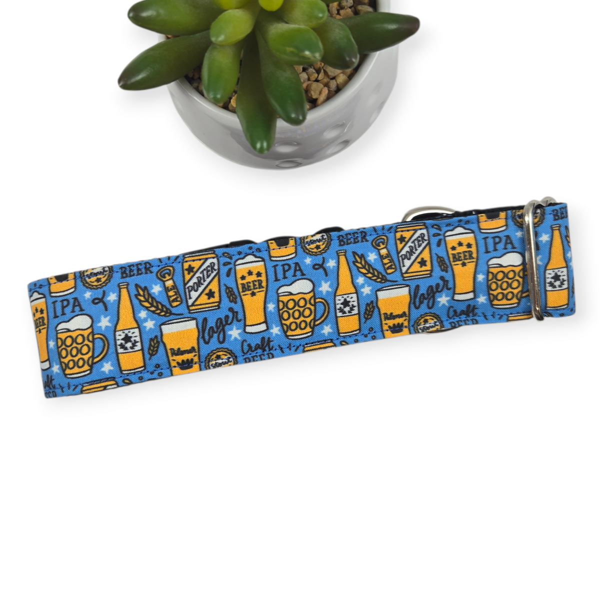 Craft Beer on Navy Dog collar (Large, 1.5" wide)