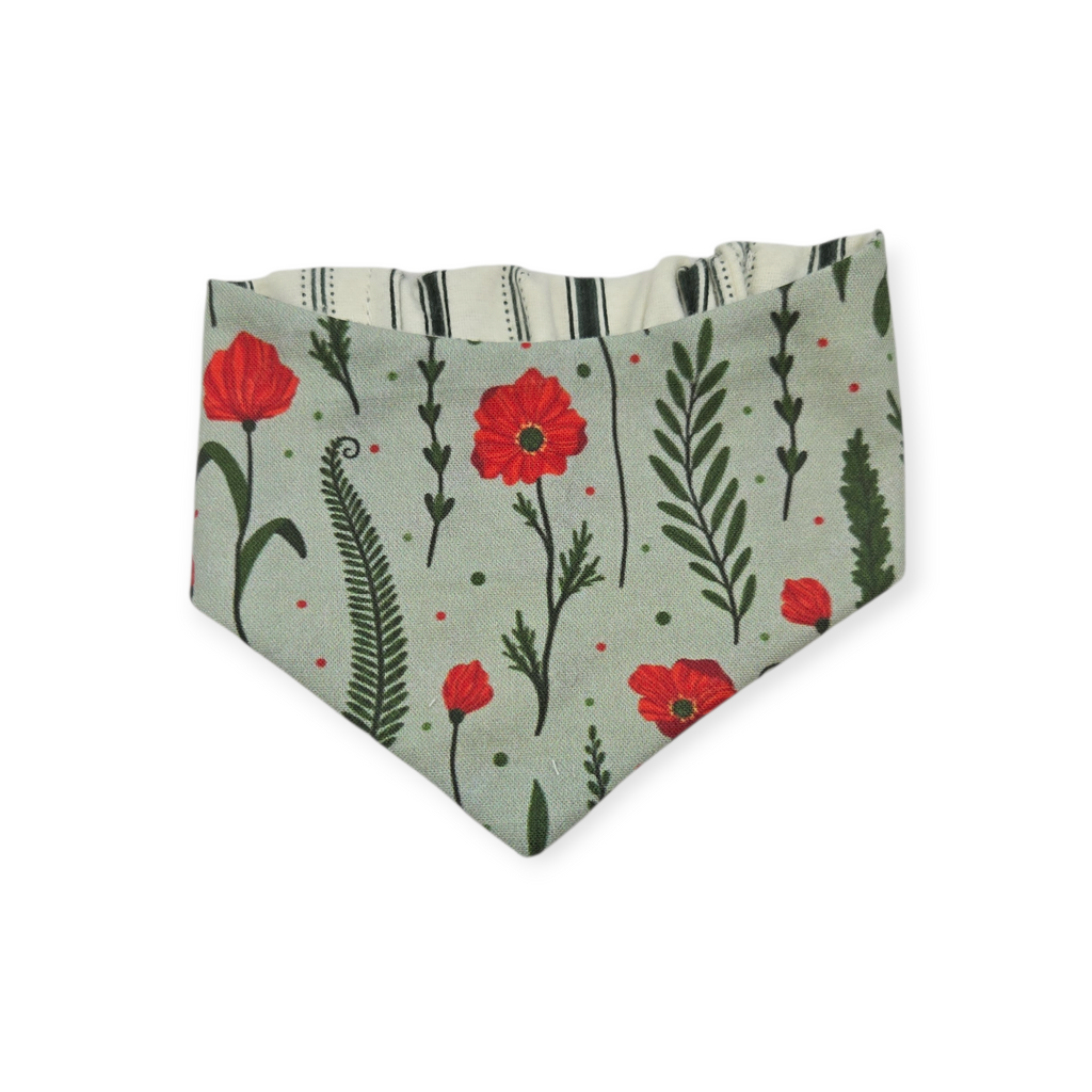 Sage Poppies/Green & Cream Stripes Reversible Slip-on Scrunchie Bandana (X-Small/Small)