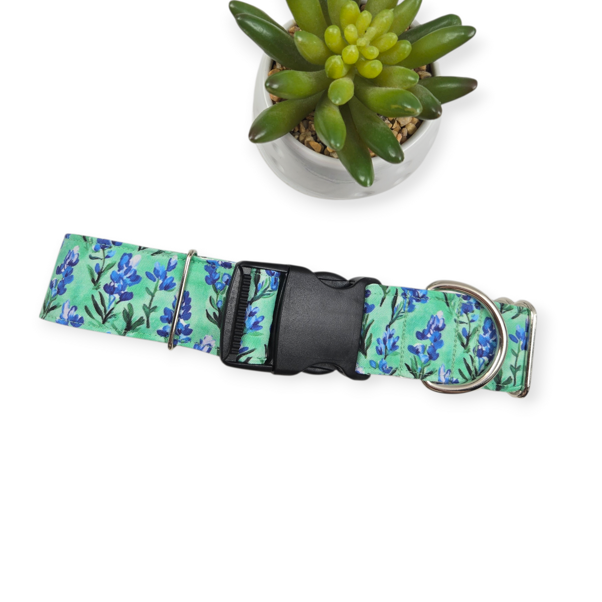Preppy Bluebonnets on Green Dog Collar (X-Large, 1.5" wide)