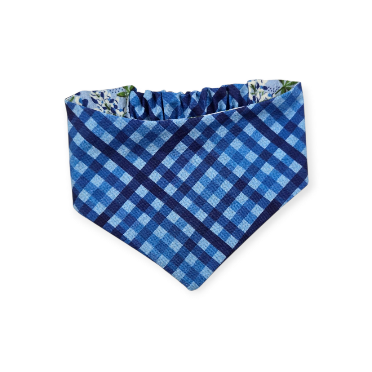 Cottagecore Bluebonnet/Blue Diagonal Plaid Reversible Slip-on Scrunchie Bandana (Small/Medium)