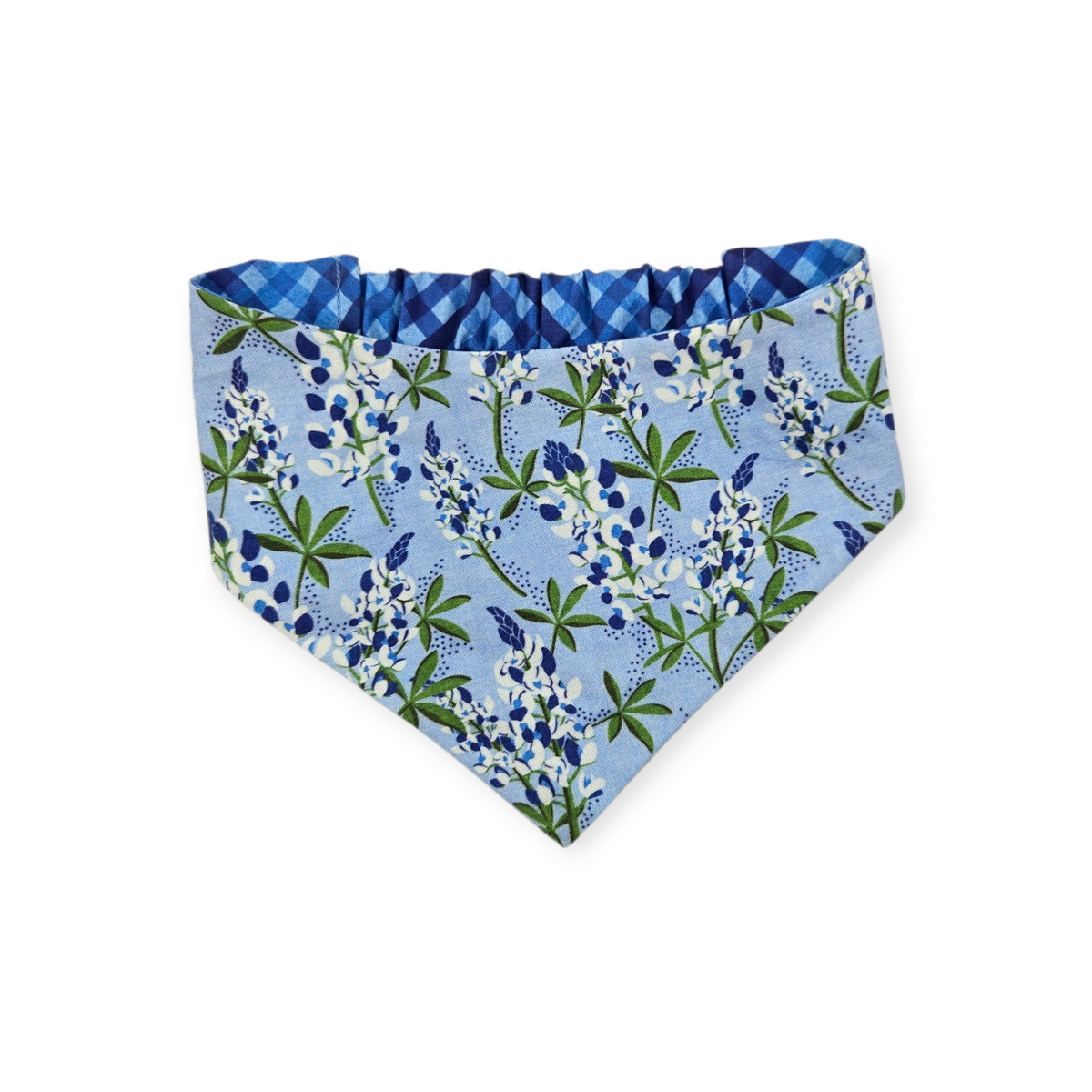 Cottagecore Bluebonnet/Blue Diagonal Plaid Reversible Slip-on Scrunchie Bandana (Small/Medium)