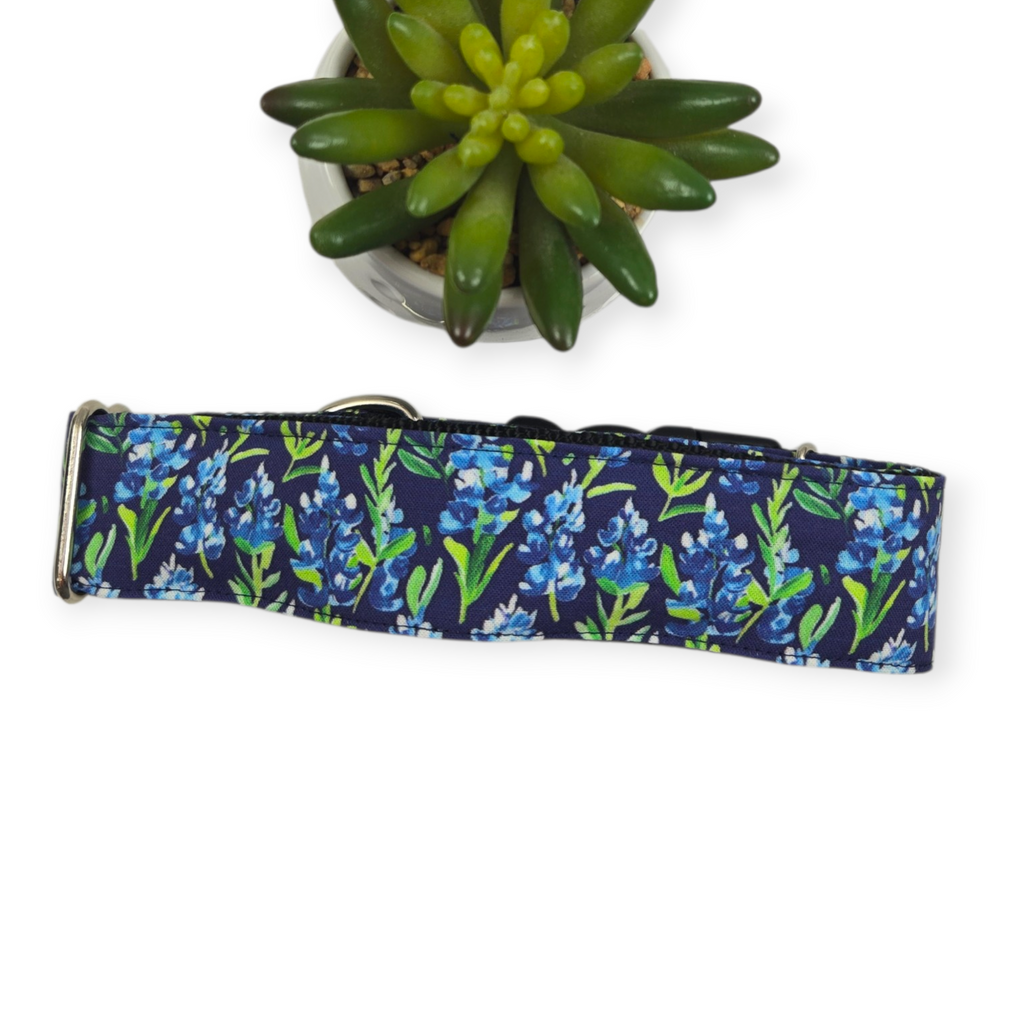 Preppy Bluebonnets on Navy Blue Dog collar (Large, 1.5" wide)