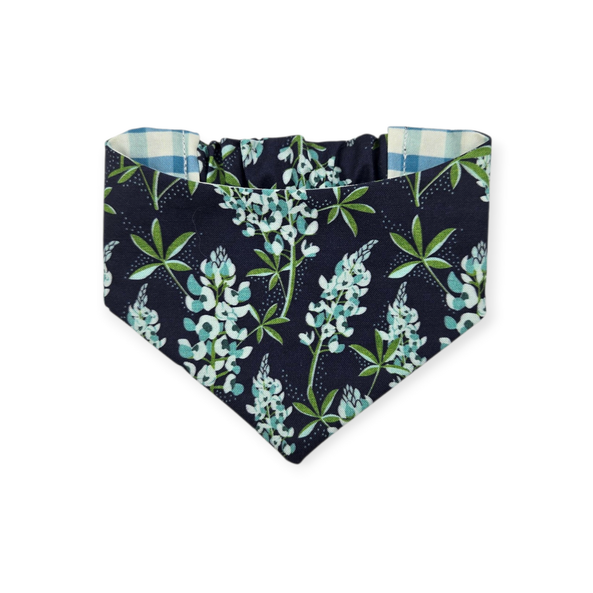 Cottagecore Bluebonnet/Blue Spring Plaid Reversible Slip-on Scrunchie Bandana (Small)