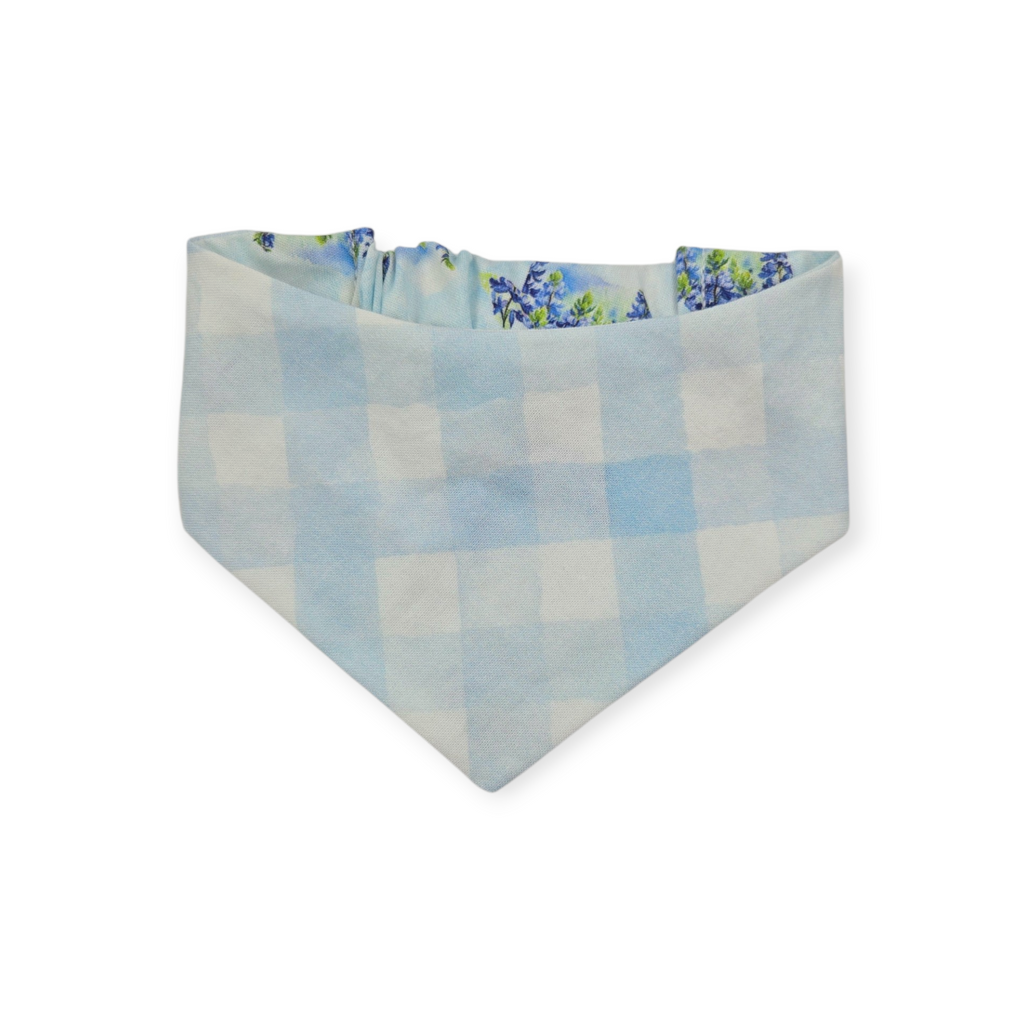 Texas Shaped Bluebonnet/Blue Watercolor Plaid Reversible Slip-on Scrunchie Bandana (X-Small/Small)