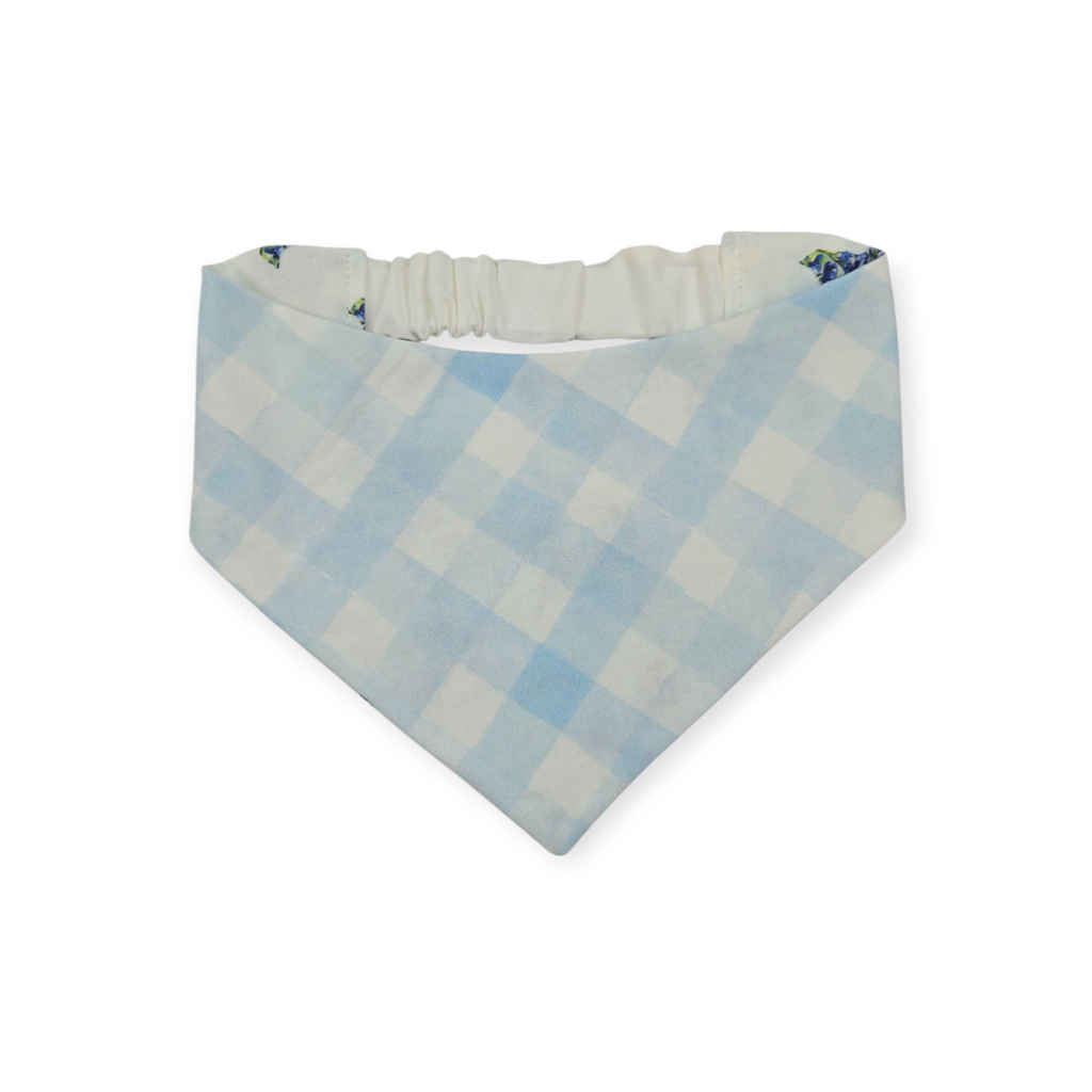 Texas Shaped Bluebonnet/Blue Watercolor Plaid Reversible Slip-on Scrunchie Bandana (Medium)