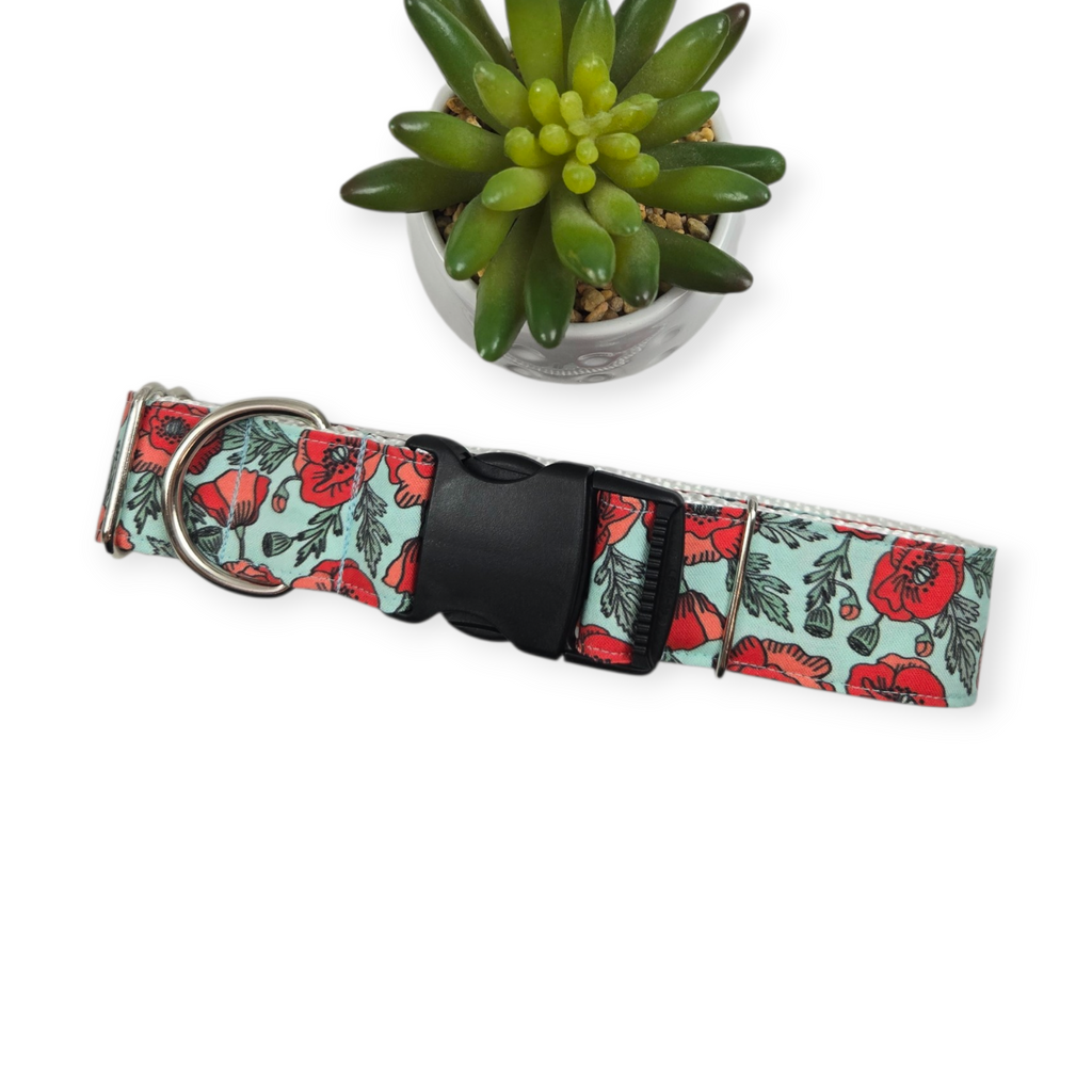 Poppy Floral on Blue Dog collar (Large, 1.5" wide)