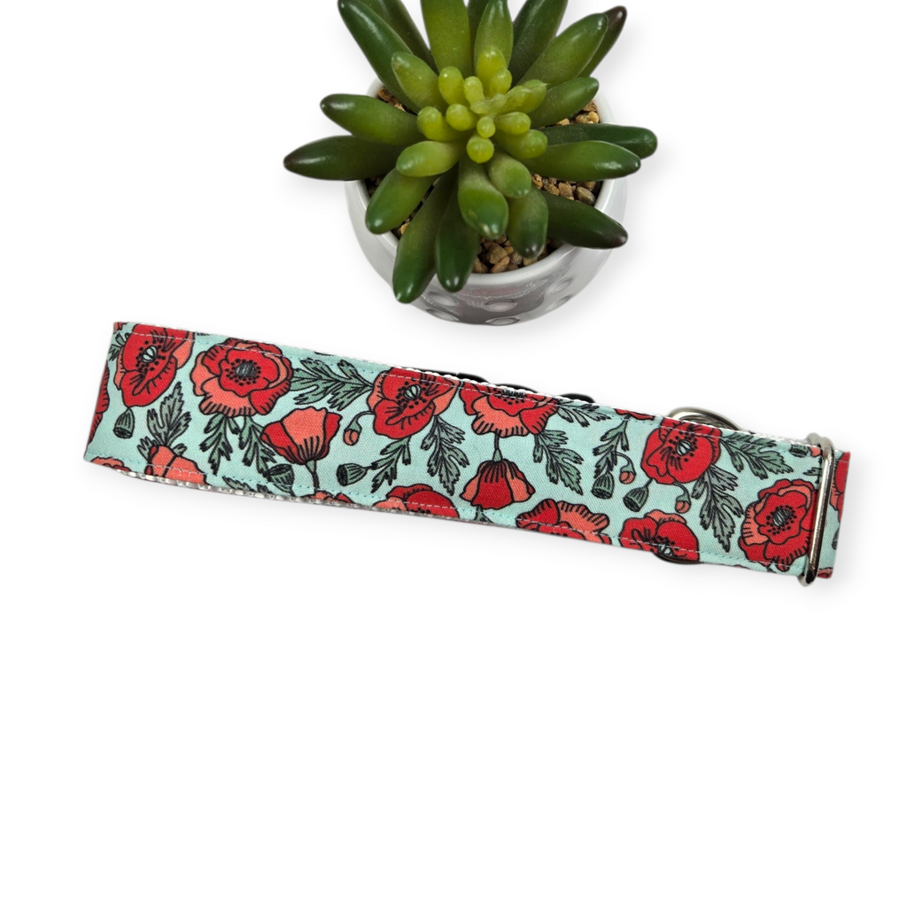 Poppy Floral on Blue Dog Collar (X-Large, 1.5" wide)
