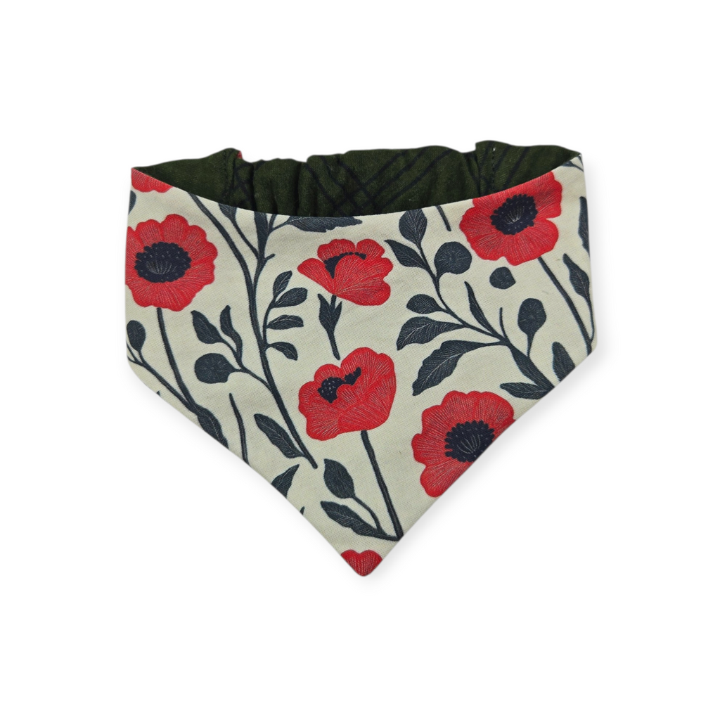 Red Poppy Block Print/Dark Olive Plaid Reversible Slip-on Scrunchie Bandana (Small/Medium)