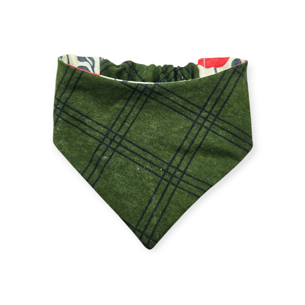 Red Poppy Block Print/Dark Olive Plaid Reversible Slip-on Scrunchie Bandana (Small)