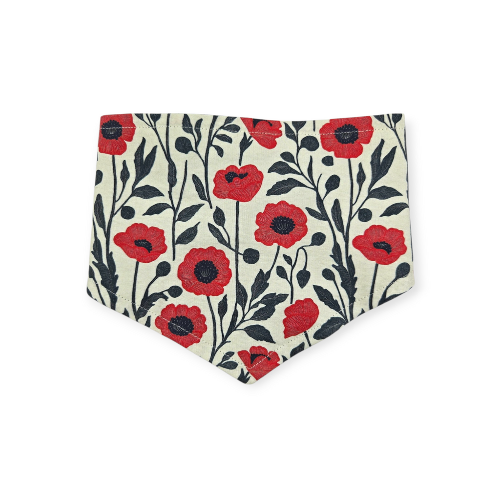 Red Poppy Block Print/Dark Olive Plaid Reversible Tie-on Bandana (Large)