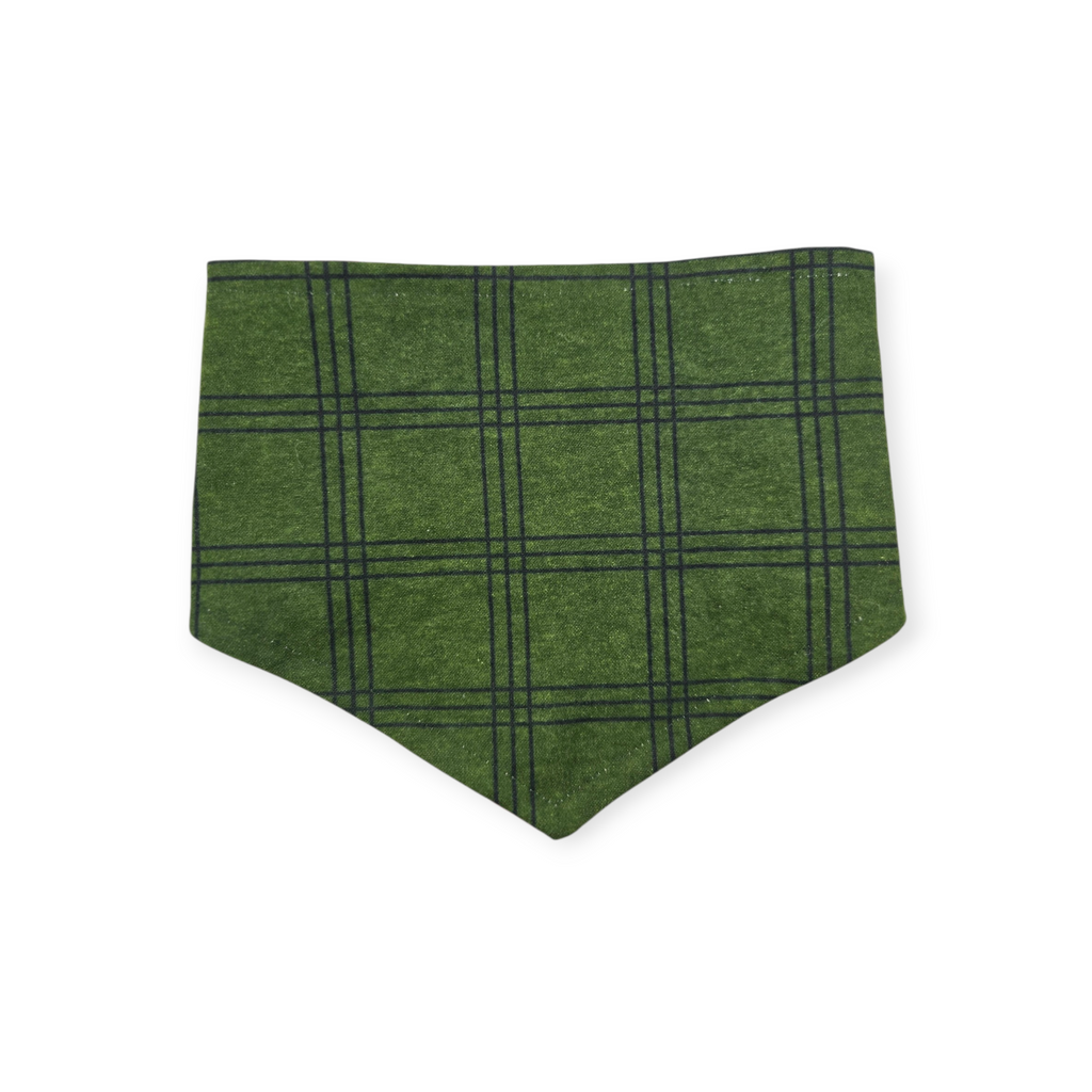 Red Poppy Block Print/Dark Olive Plaid Reversible Tie-on Bandana (Small)