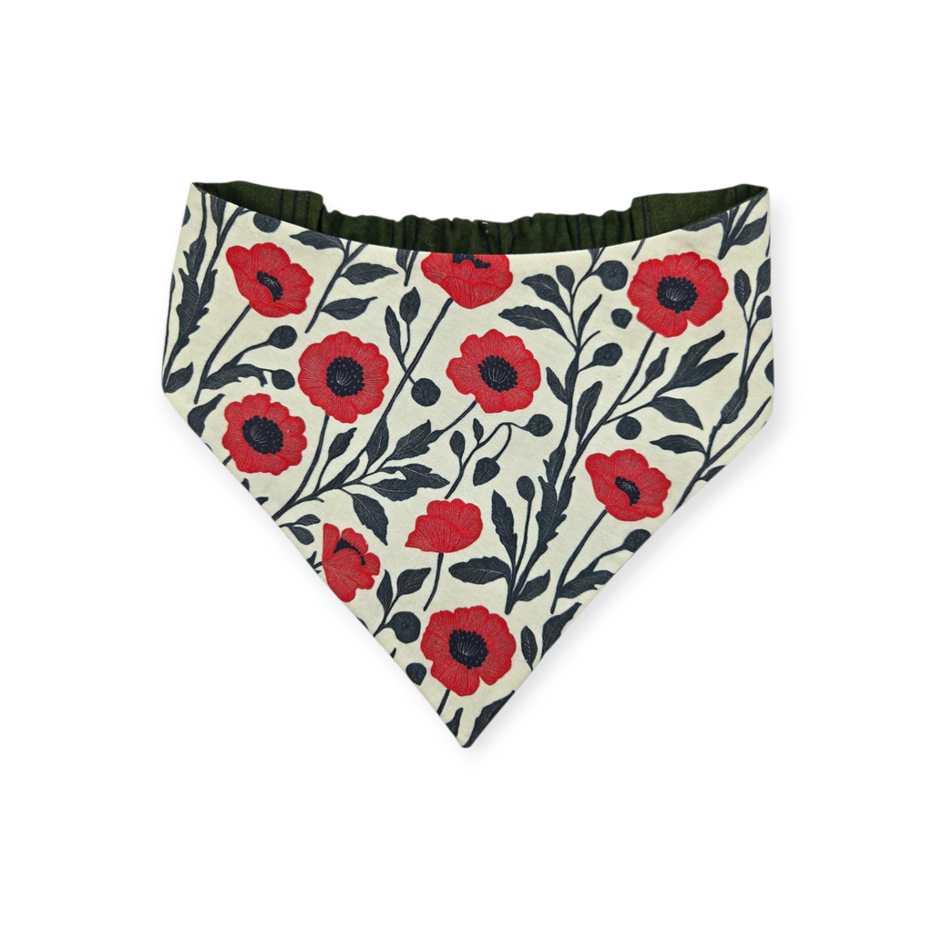 Red Poppy Block Print/Dark Olive Plaid Reversible Slip-on Scrunchie Bandana (Large)