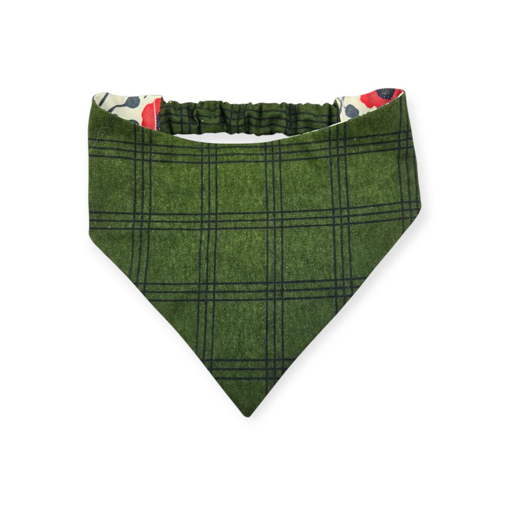 Red Poppy Block Print/Dark Olive Plaid Reversible Slip-on Scrunchie Bandana (Large/X-Large)