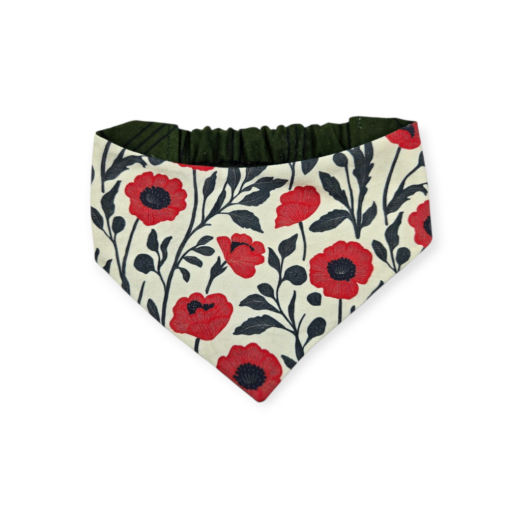 Red Poppy Block Print/Dark Olive Plaid Reversible Slip-on Scrunchie Bandana (Medium)