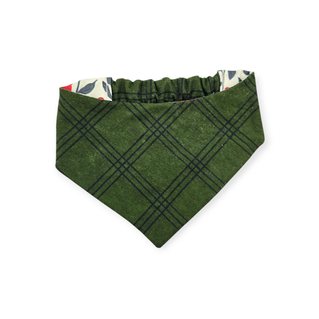 Red Poppy Block Print/Dark Olive Plaid Reversible Slip-on Scrunchie Bandana (Medium)