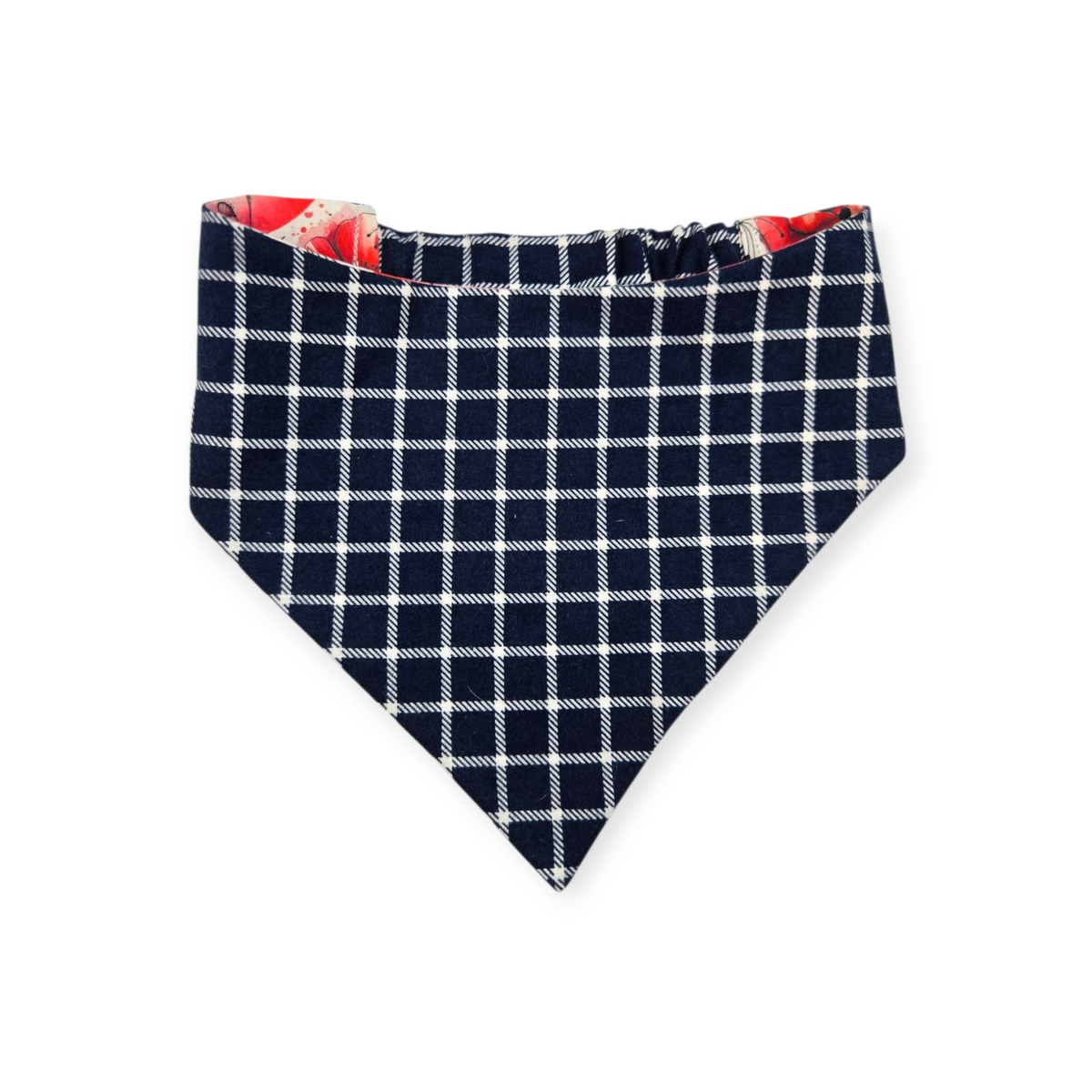 Watercolor Poppy/Navy Windowpane Plaid Reversible Slip-on Scrunchie Bandana (Large)