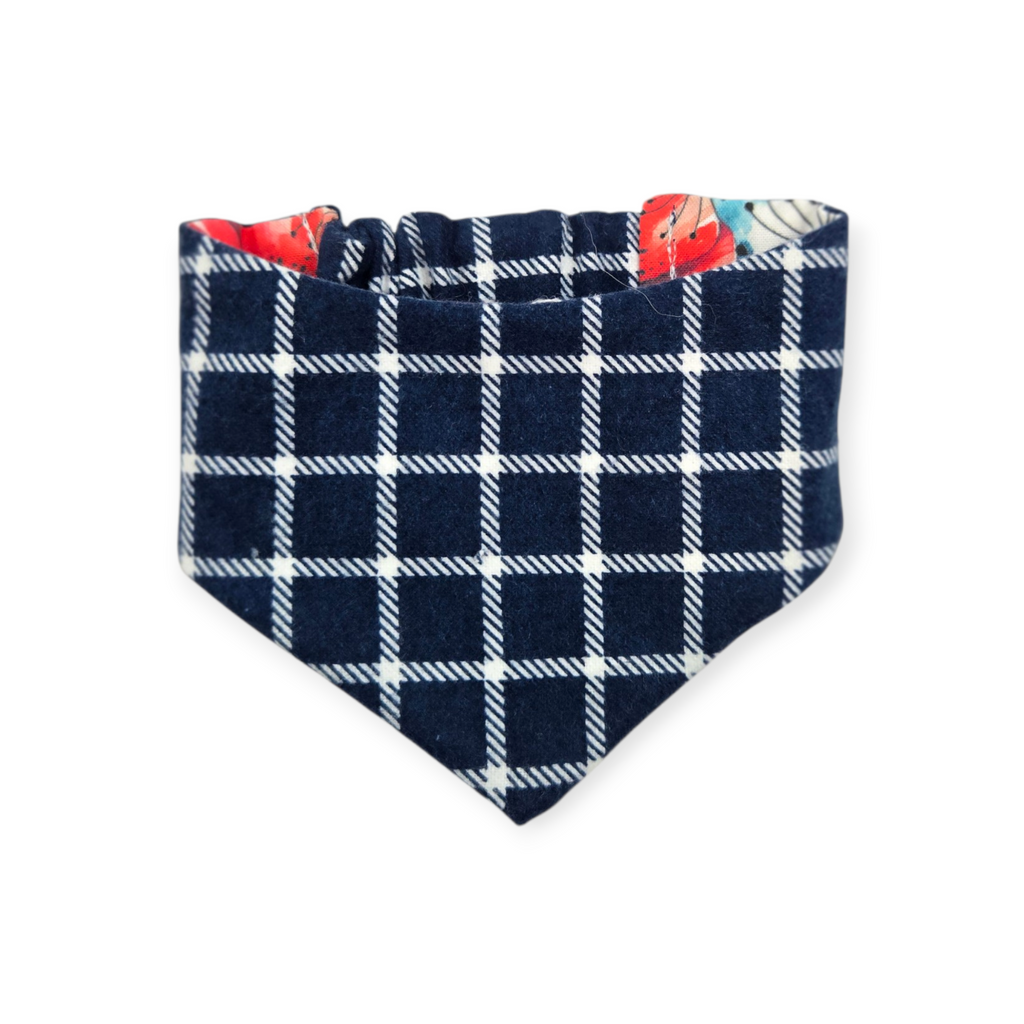 Watercolor Poppy/Navy Windowpane Plaid Reversible Slip-on Scrunchie Bandana (Small)