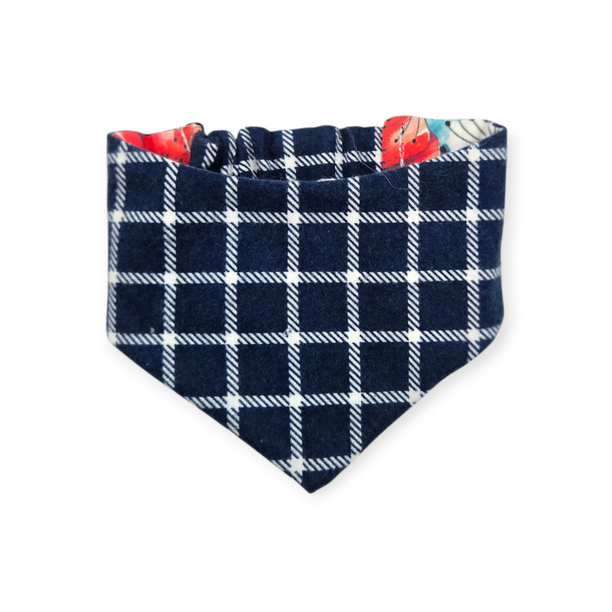 Watercolor Poppy/Navy Windowpane Plaid Reversible Slip-on Scrunchie Bandana (Small)