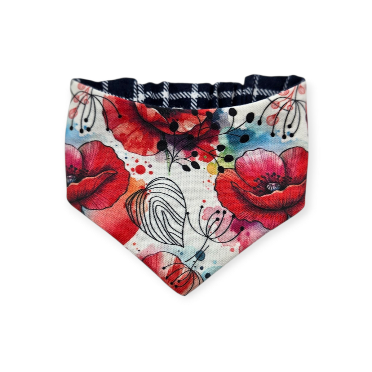 Watercolor Poppy/Navy Windowpane Plaid Reversible Slip-on Scrunchie Bandana (Small)