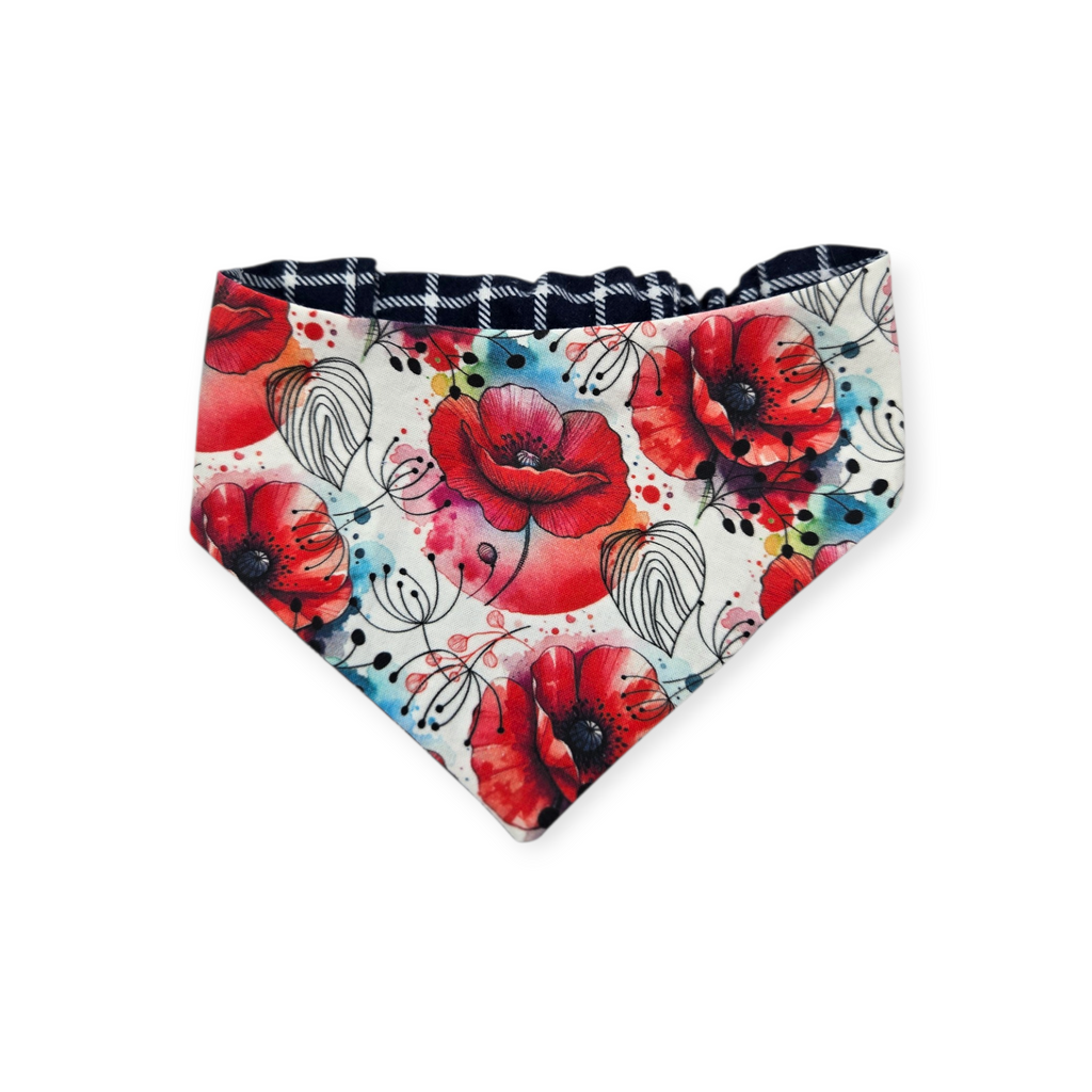 Watercolor Poppy/Navy Windowpane Plaid Reversible Slip-on Scrunchie Bandana (Medium/Large)