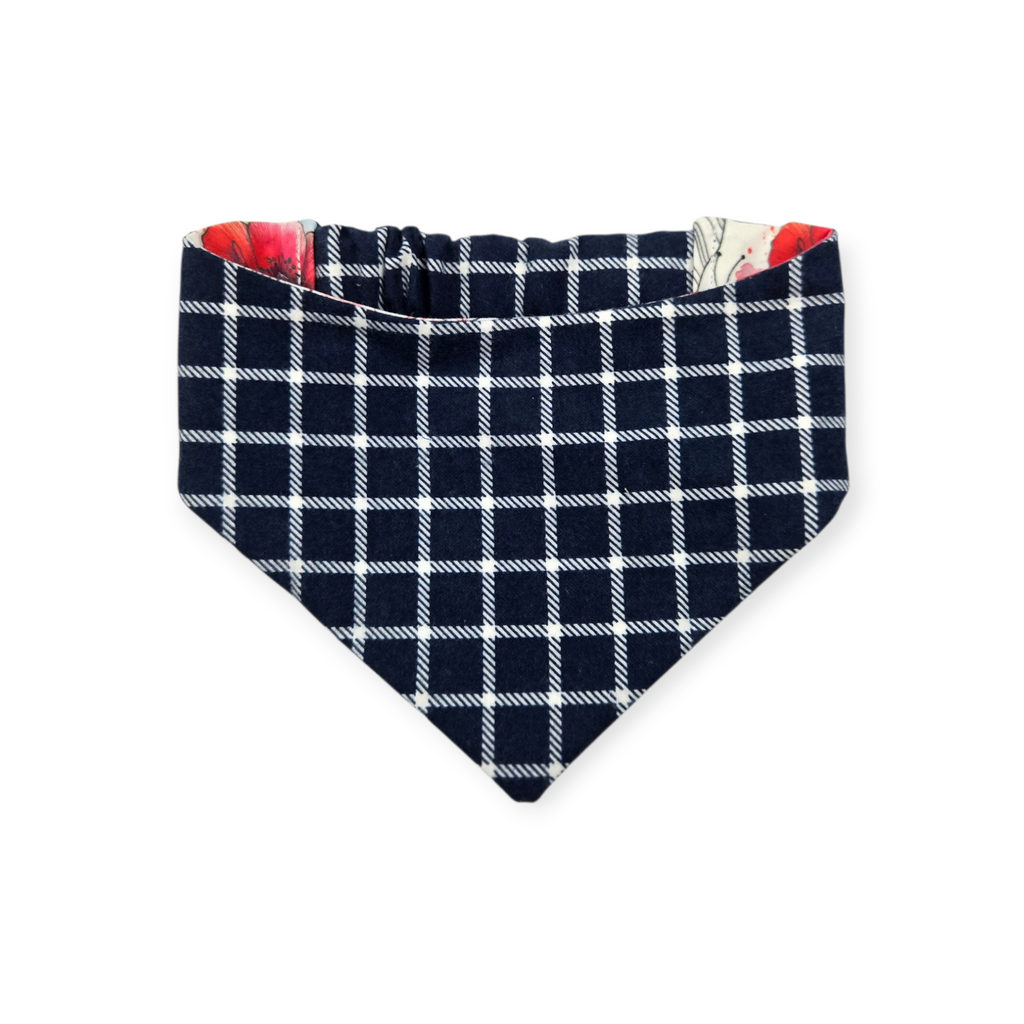 Watercolor Poppy/Navy Windowpane Plaid Reversible Slip-on Scrunchie Bandana (Medium/Large)