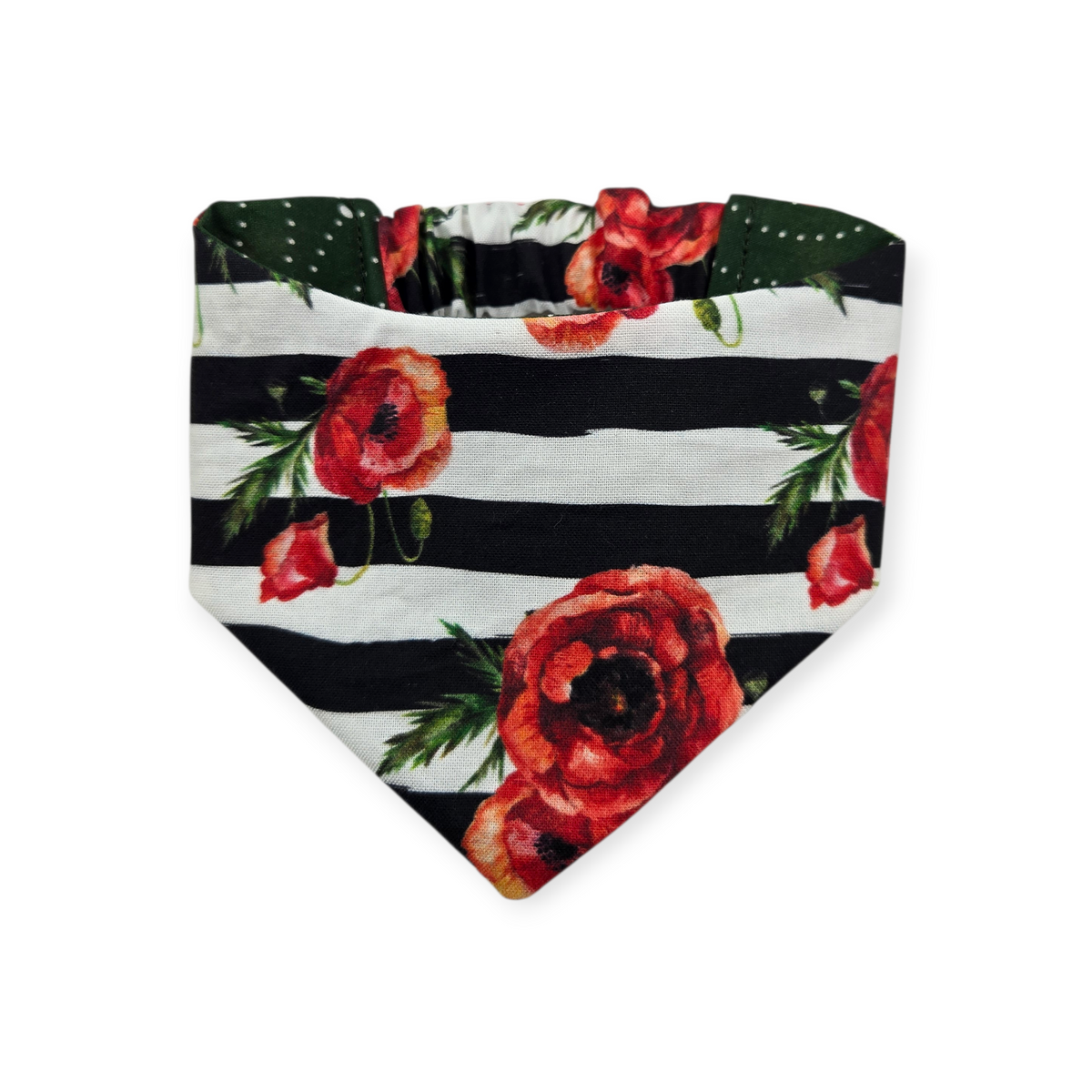 Poppies on Stripes/Dark Olive Swirl Reversible Slip-on Scrunchie Bandana (Small)